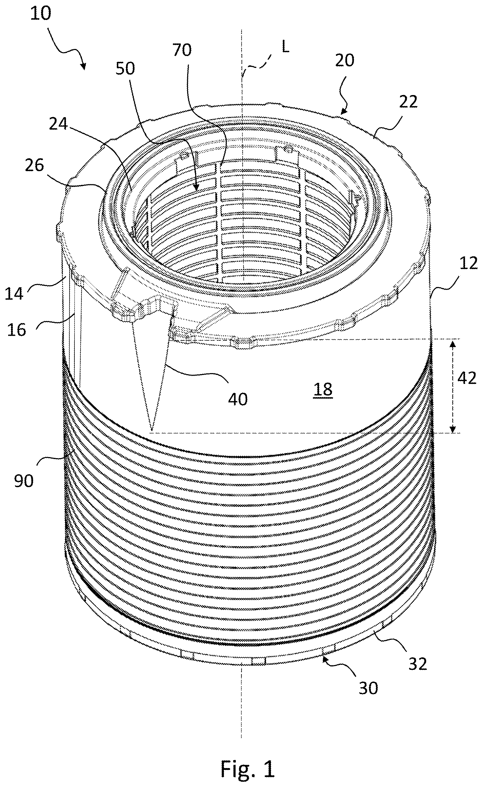 Patent US12377379 — Filter element, housing for a filter system, and filter system comprising a filter element and a housing — Figure 1