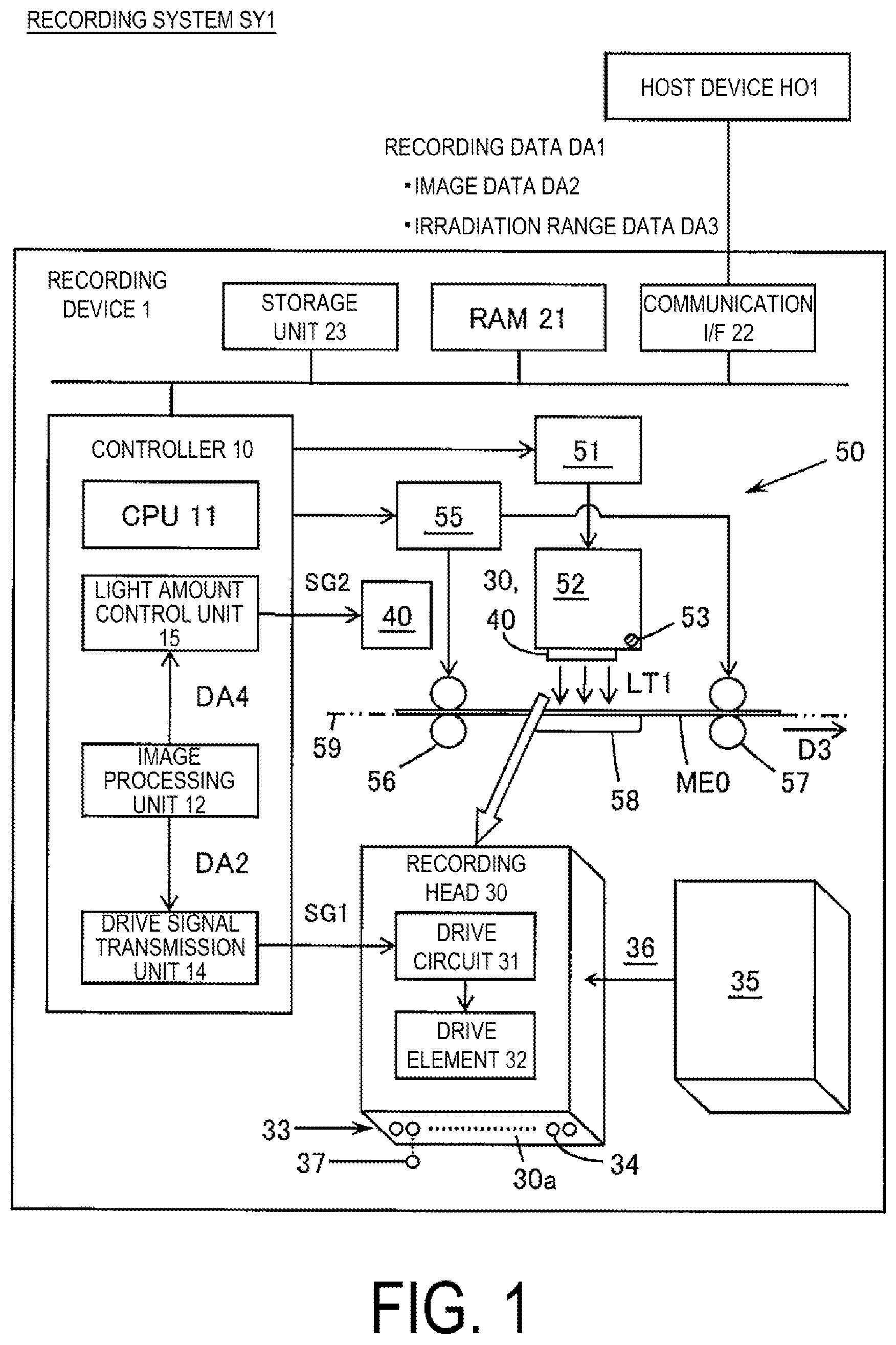 Patent US12377663 Figure 1 – Recording device, recording system, and recording method for recording using curable ink