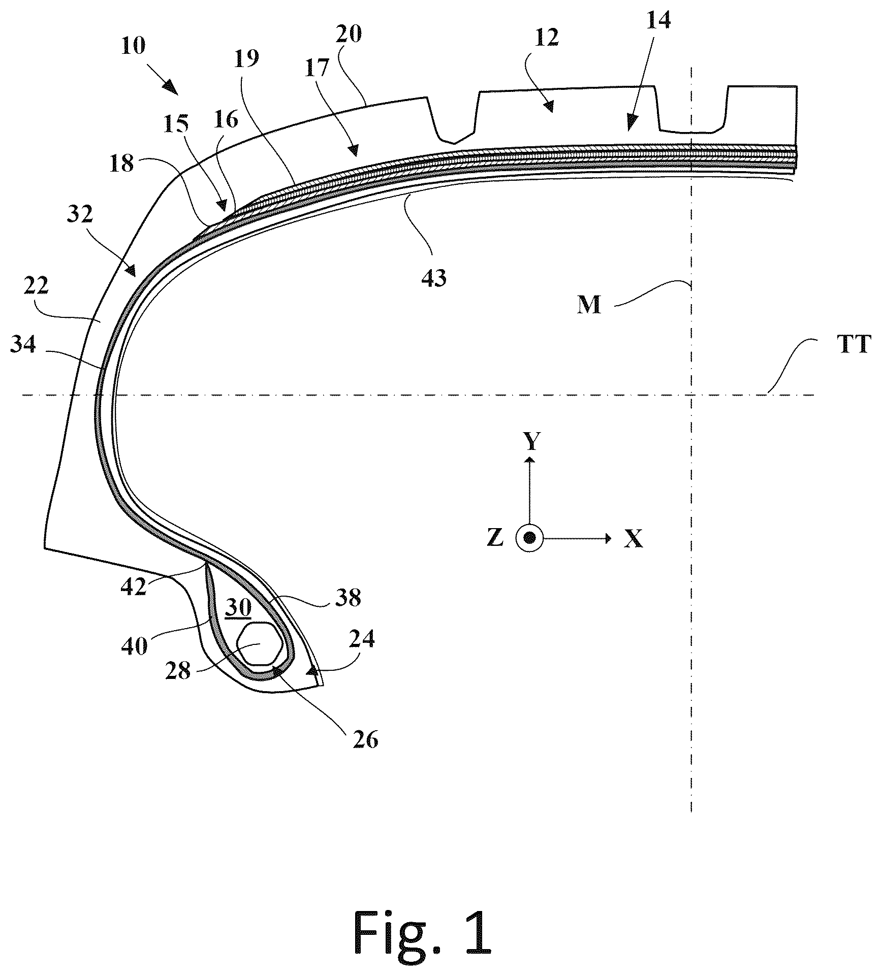 Patent US12377685 — Tire fabric comprising tousled weft reinforcing elements with low moisture absorption content — Figure 1