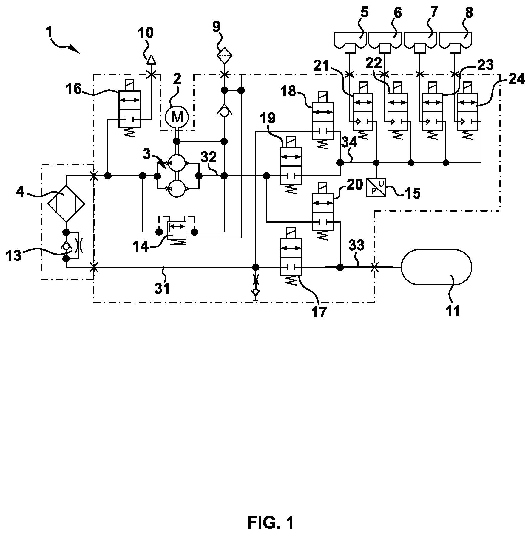 Patent US12377698 — Method for the loading-dependent adaptation of a system air volume in an air suspension system of a motor vehicle — Figure 1
