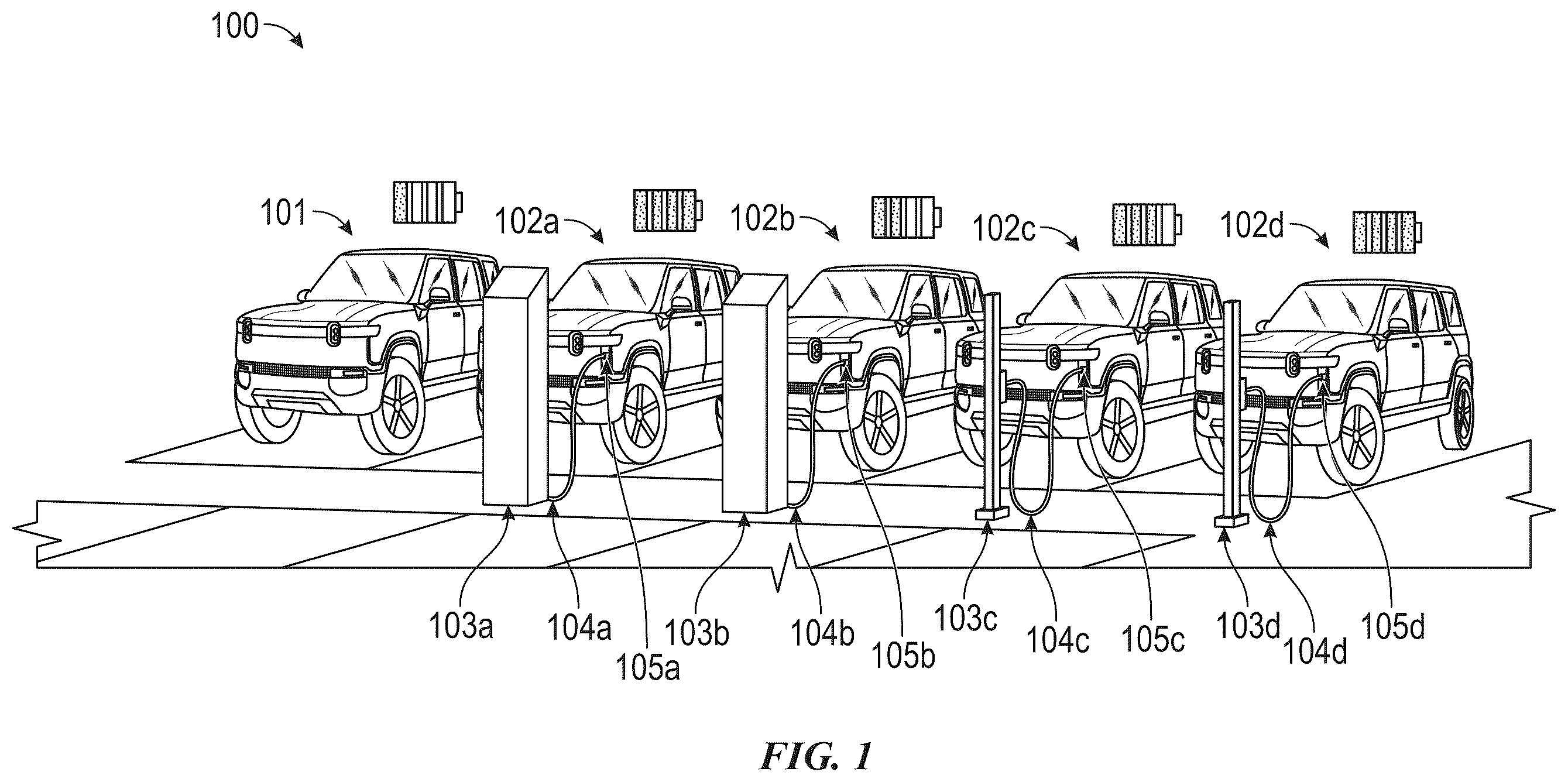 Patent US12377749 — Coordinating vehicle access to power dispensers at a charging station — Figure 1