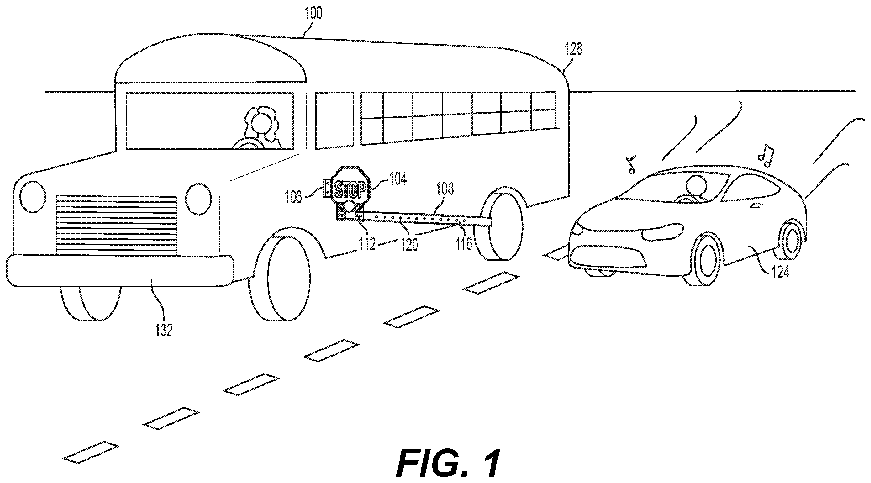 Patent US12377774 Figure 1 – School bus safety devices and systems