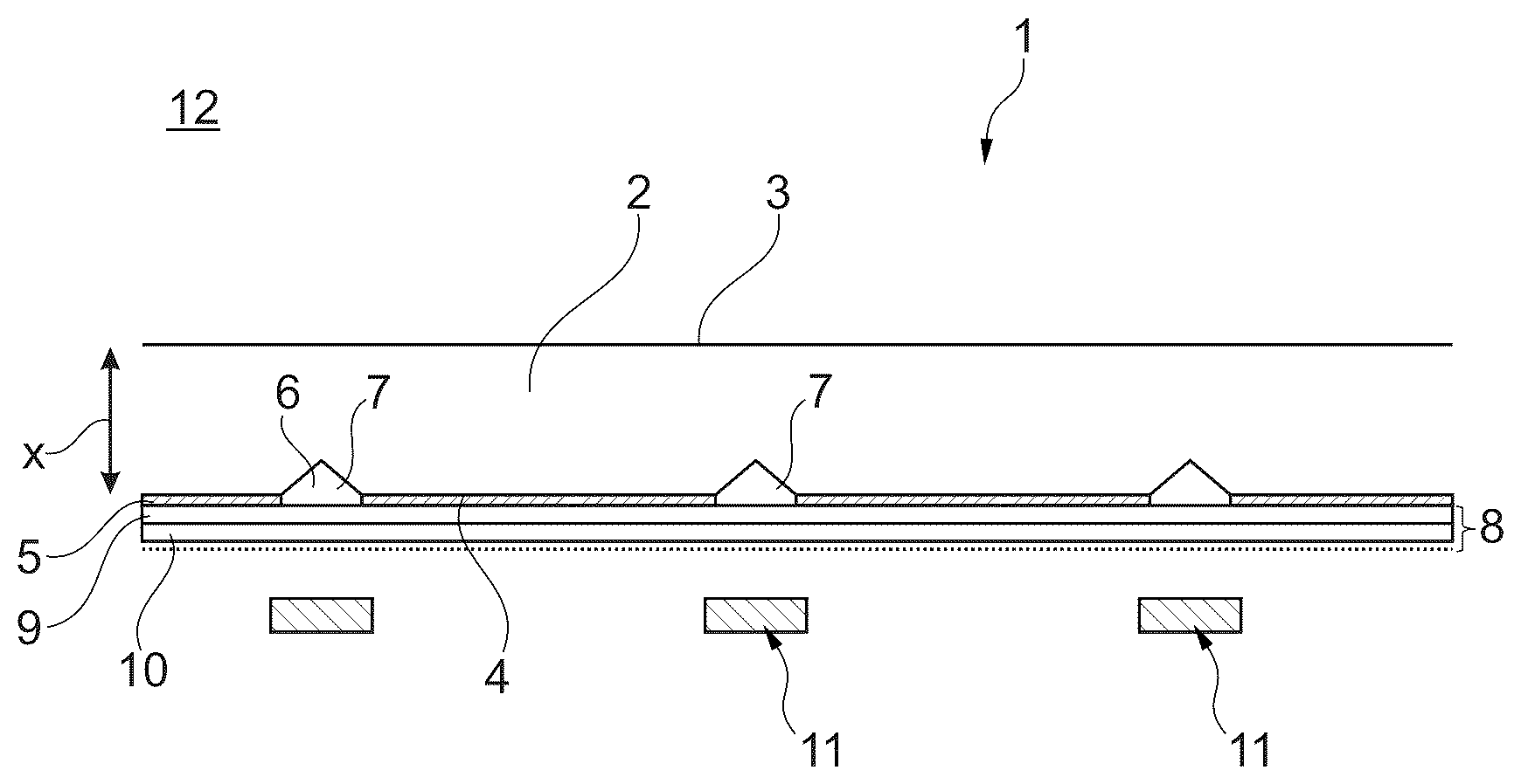 Patent US12377780 — Decorative composite material with three-dimensional structures arranged in recessed regions — Figure 1