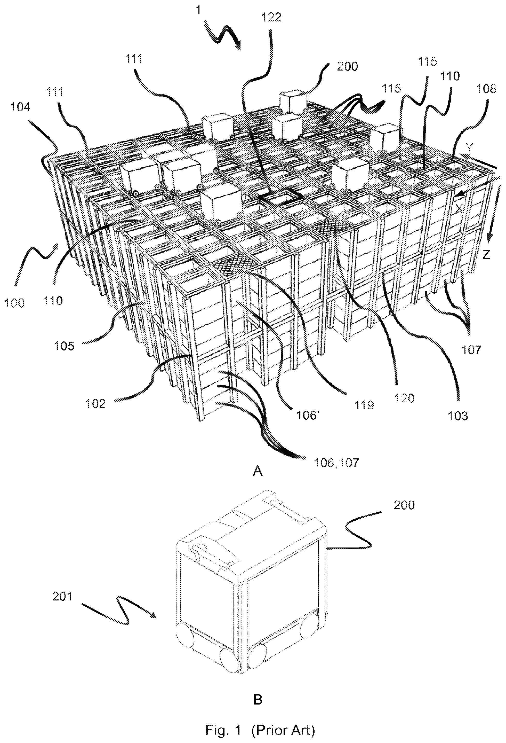 Patent US12377886 Figure 1 – Delivery vehicle, an automated storage and retrieval system and a method of transporting storage containers between an automated storage and retrieval grid and a second location