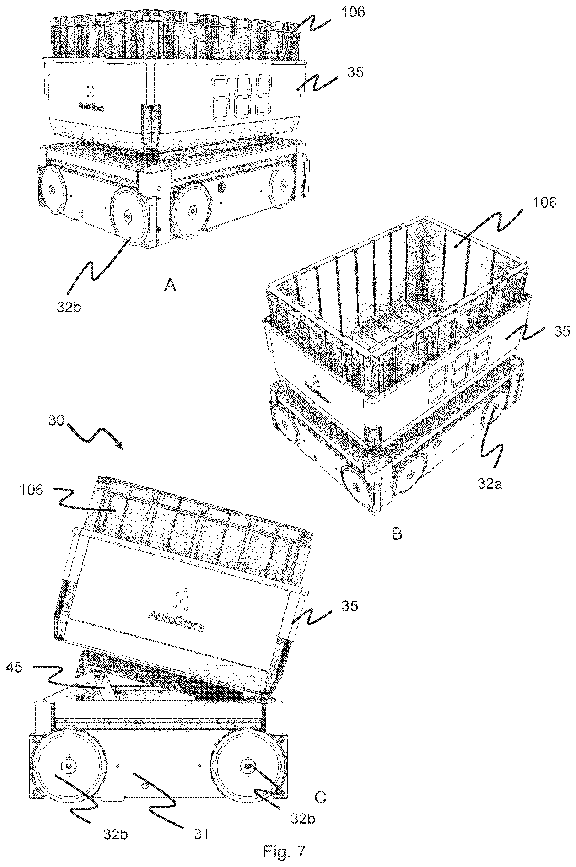 Patent US12377886 Figure 8 – Delivery vehicle, an automated storage and retrieval system and a method of transporting storage containers between an automated storage and retrieval grid and a second location