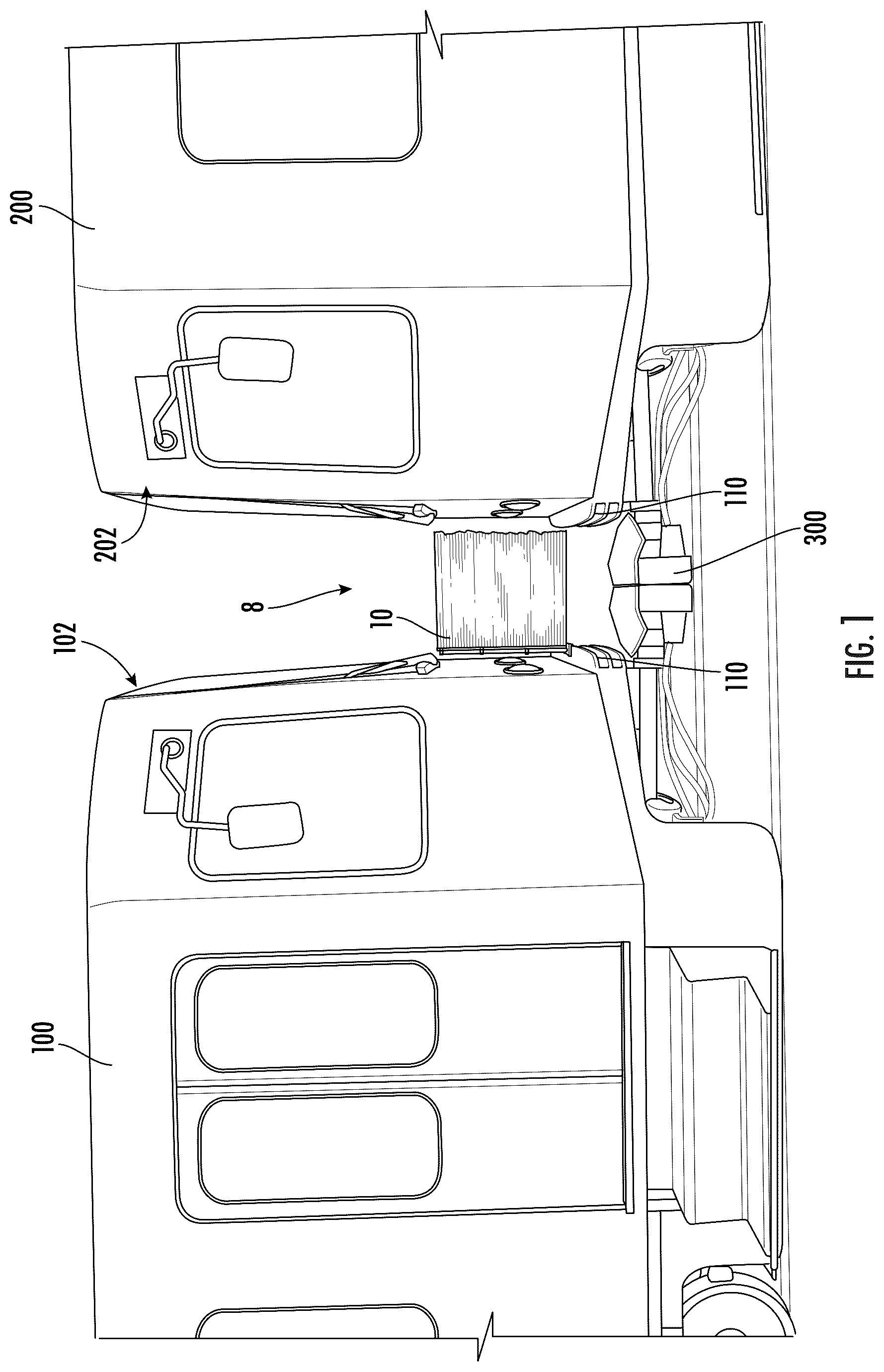 Patent US12377890 — Safety barrier between coupled cars of a transportation vehicle — Figure 1