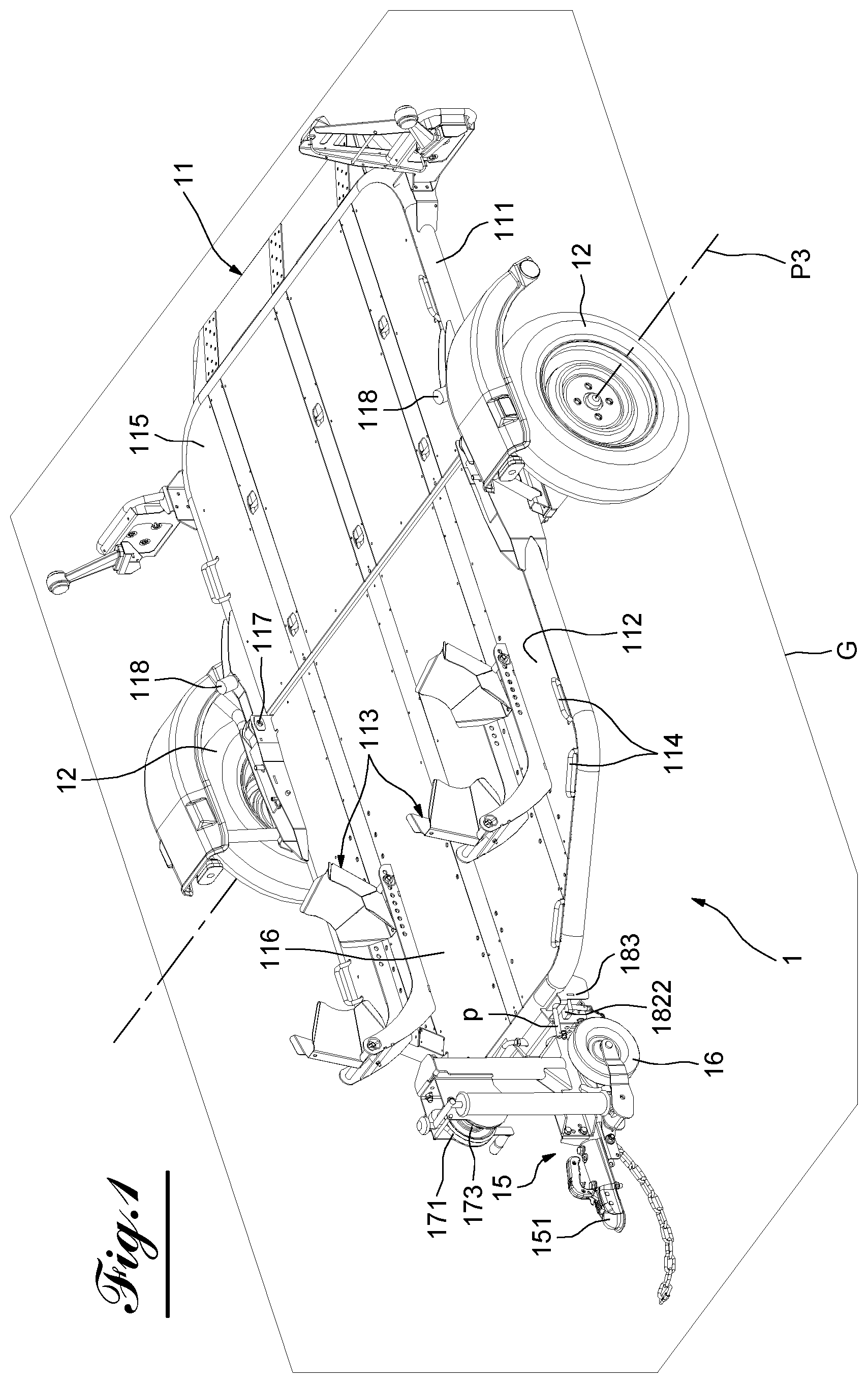 Patent US12377923 Figure 1 – Transport trailer comprising a system for tilting and righting its deck