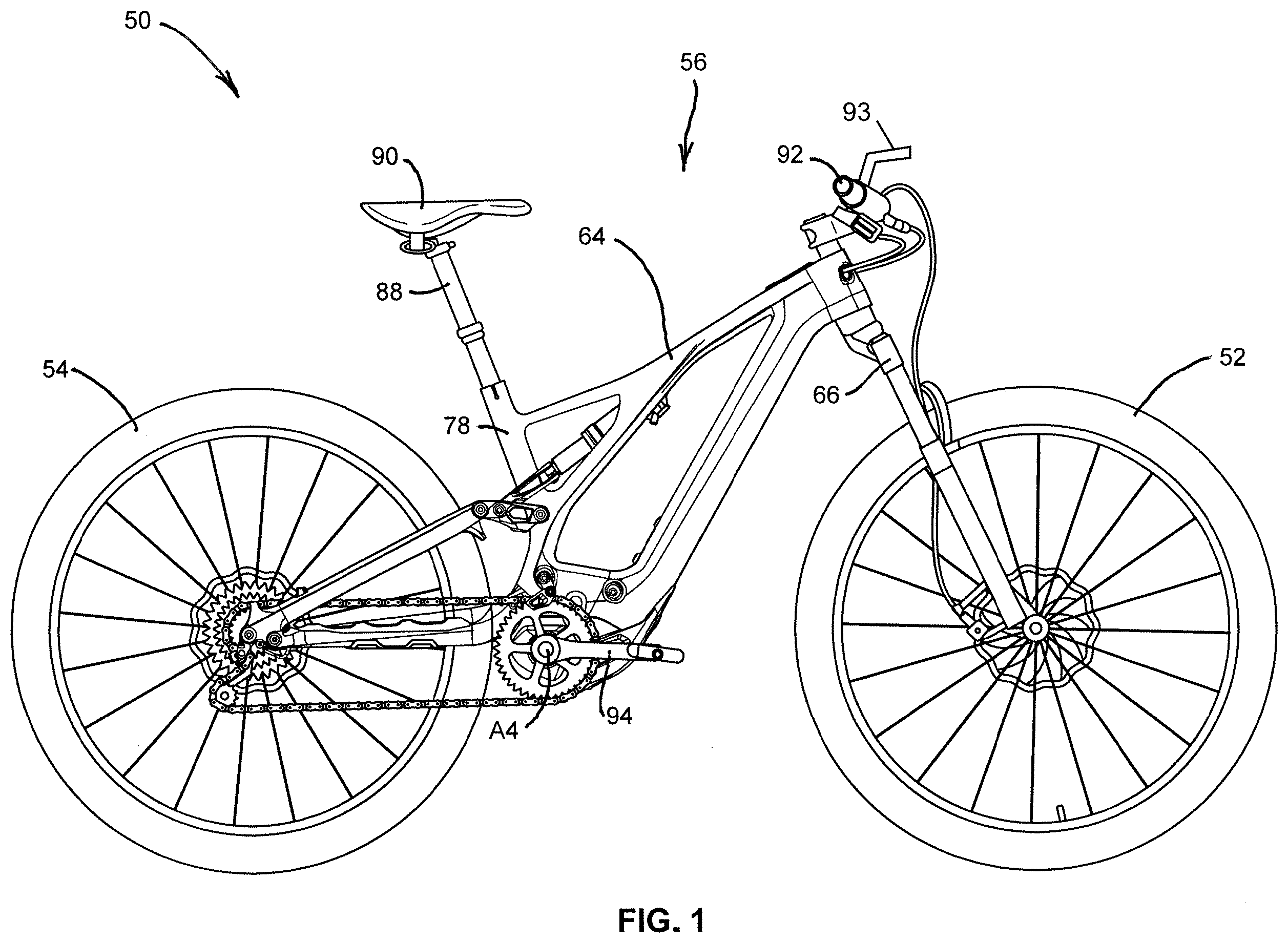 Patent US12377934 Figure 1 – Bicycle with battery, motor and motor mount, wire routing, speed sensor, and dropper seat post
