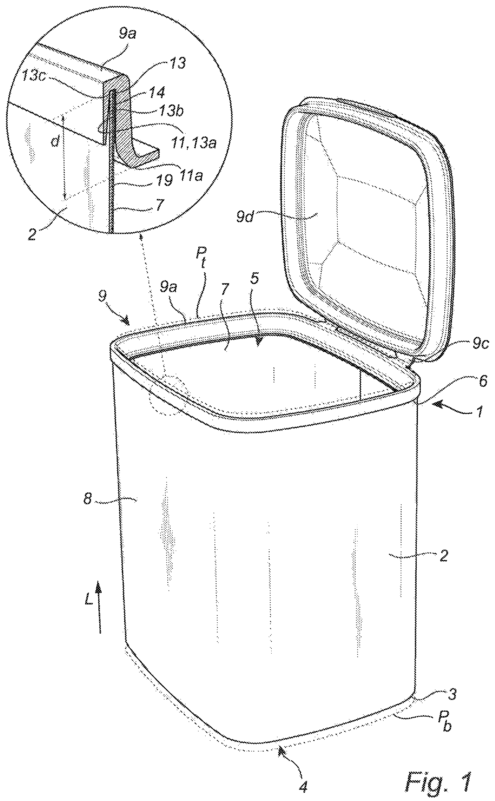 Patent US12378032 Figure 1 – Composite paperboard container with a rim comprising fibers, and a method for producing such a container
