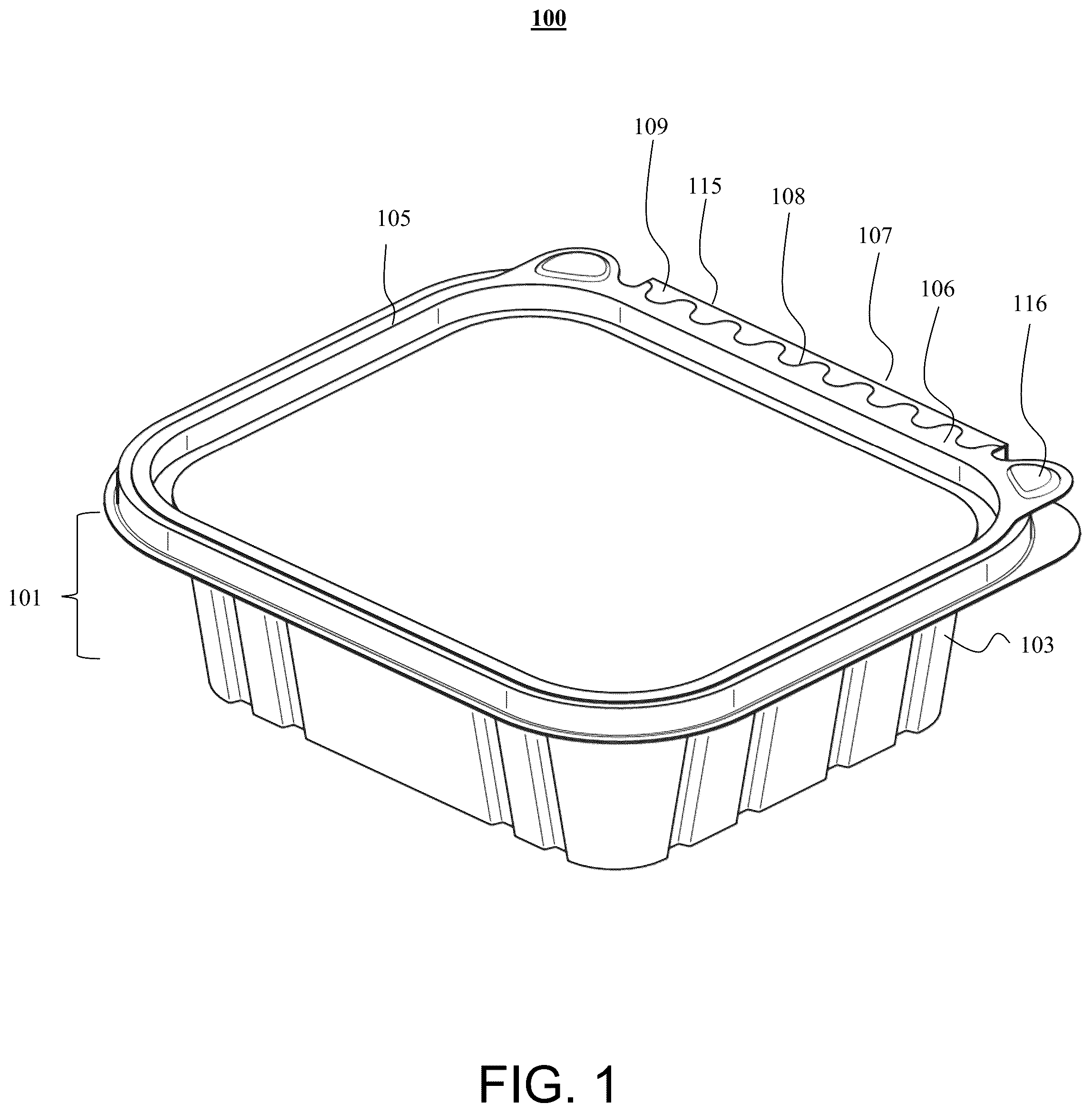 Patent US12378049 Figure 1 – Tamper-evident plastic container