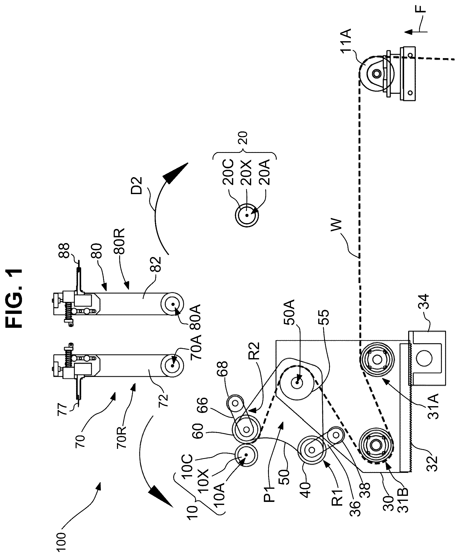 Patent US12378090 — Dual position web transfer system — Figure 1