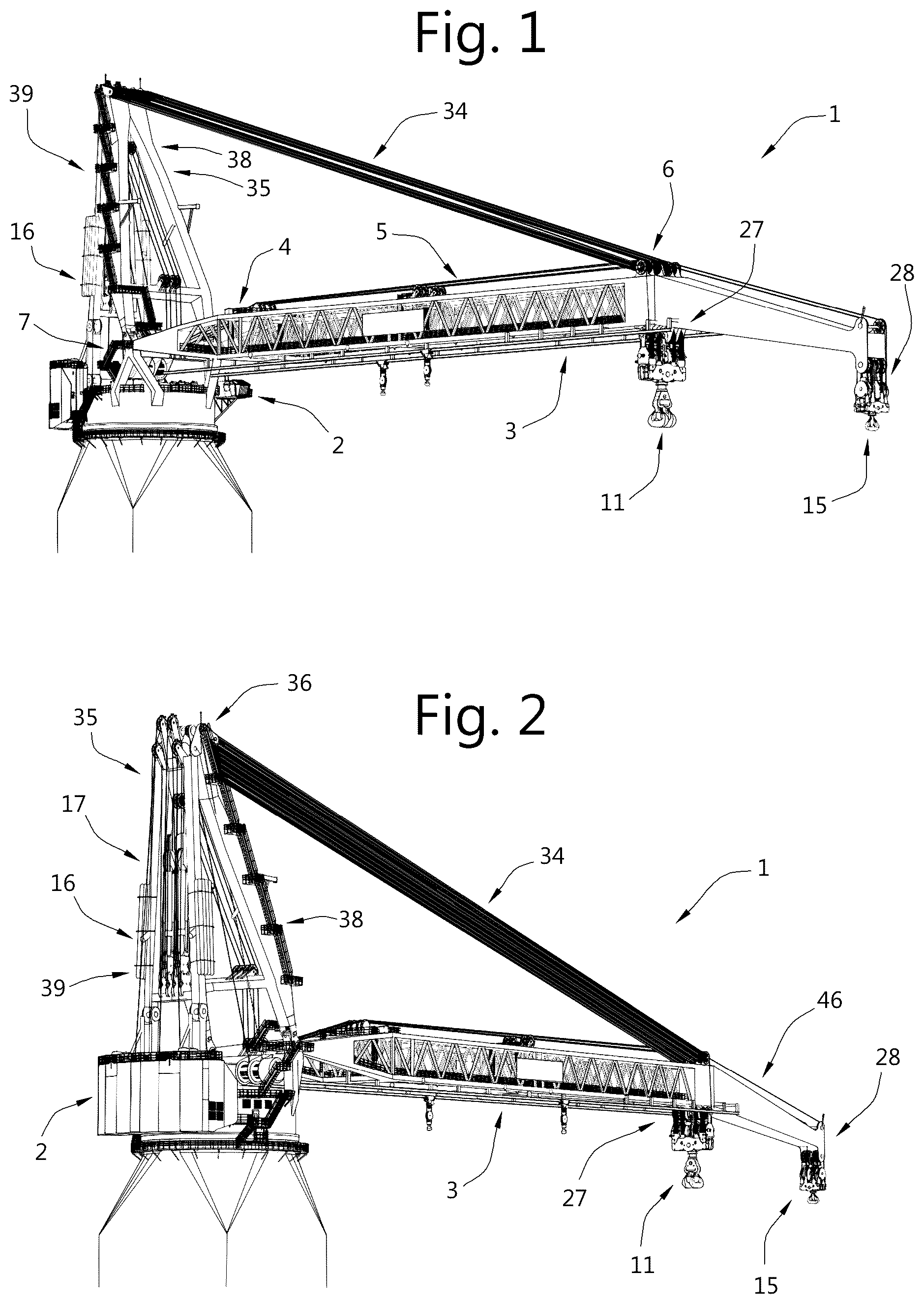 Patent US12378099 — Heave compensated dual hoist crane — Figure 1