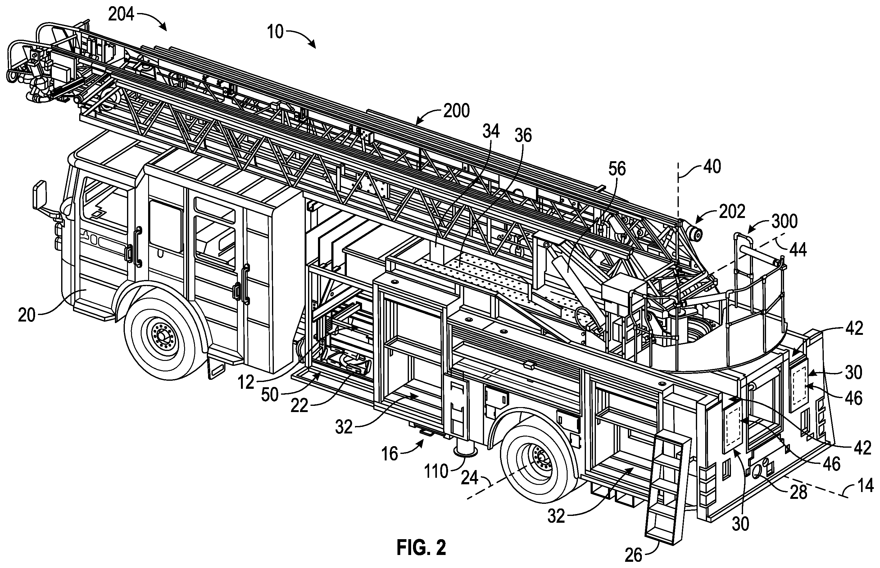 Patent US12378102 Figure 2 – Support structure for a ladder assembly of a fire apparatus