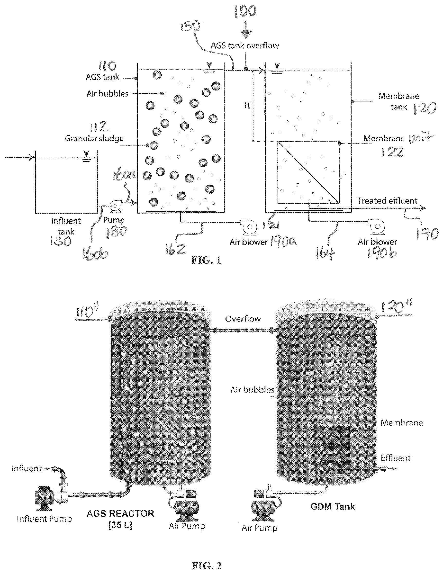 Patent US12378142 — Waste water treatment system using aerobic granular sludge gravity-driven membrane system — Figure 1