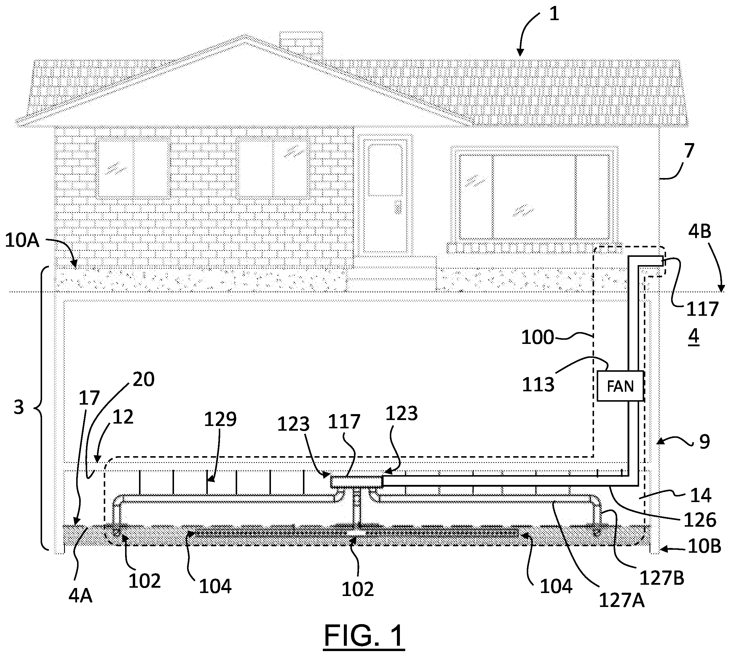 Patent US12378745 — Radon gas mitigation system and kit for a building with a crawlspace — Figure 1