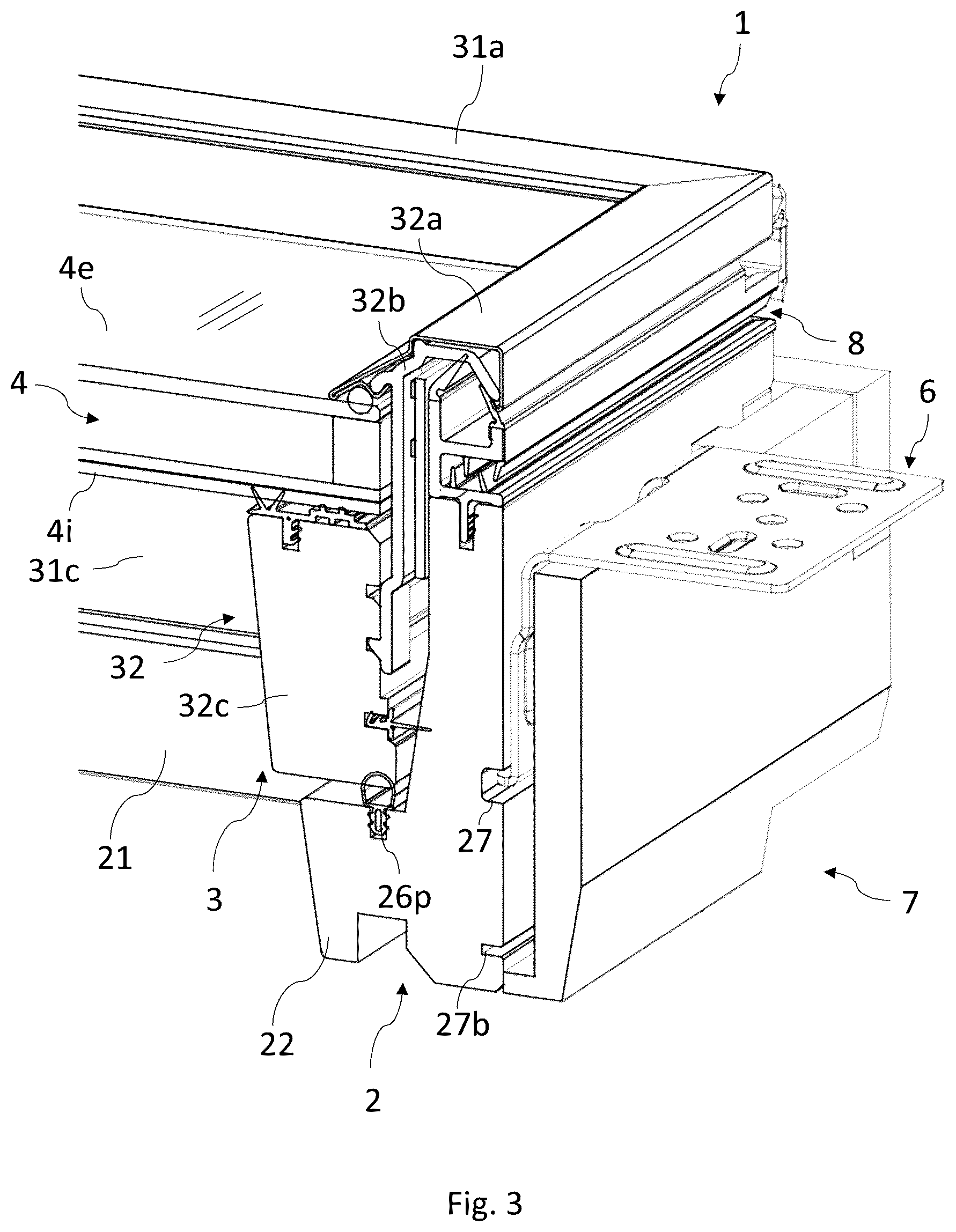 Patent US12378769 Figure 3 – Roof window comprising a frame with receiving structures