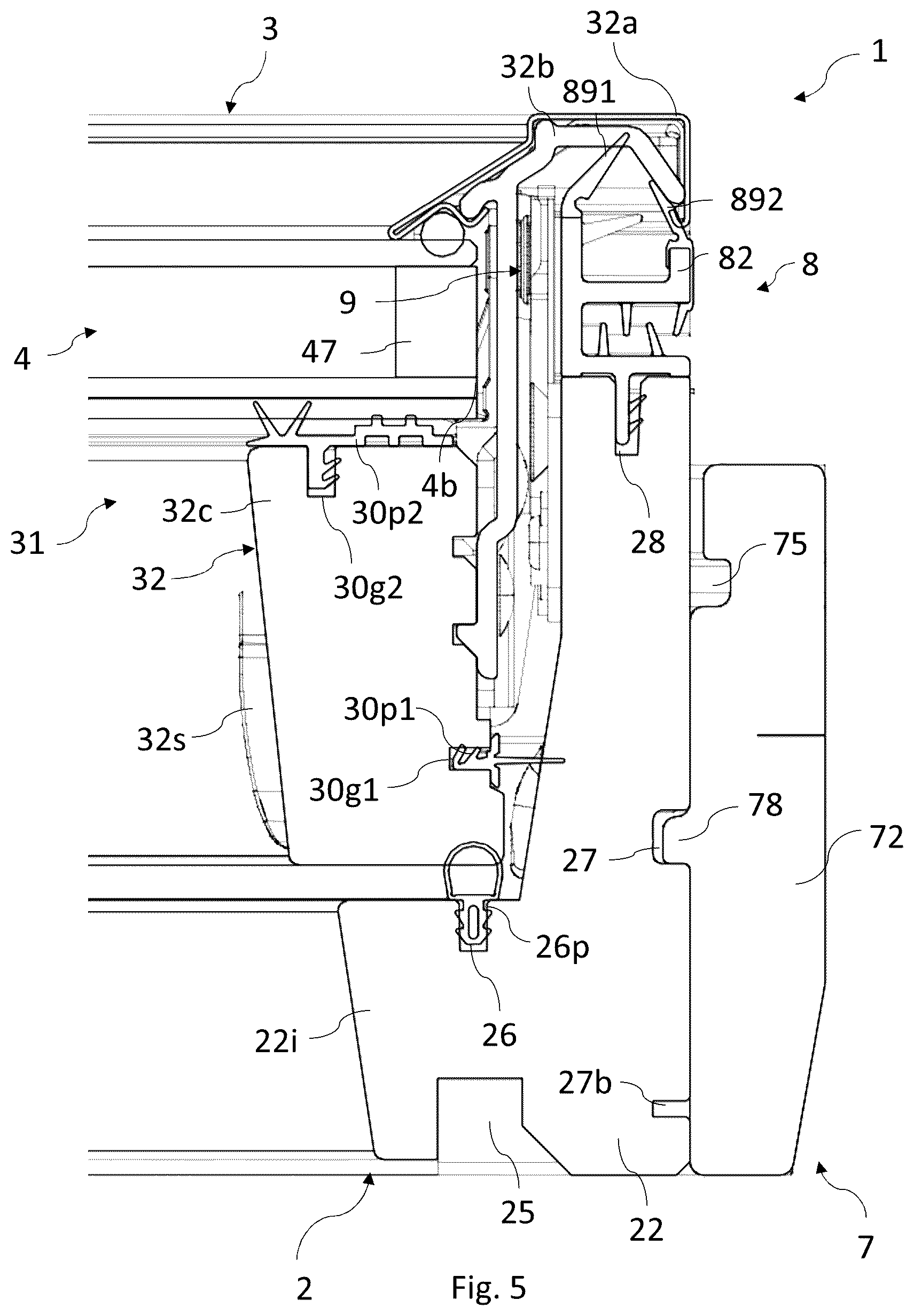 Patent US12378769 Figure 5 – Roof window comprising a frame with receiving structures