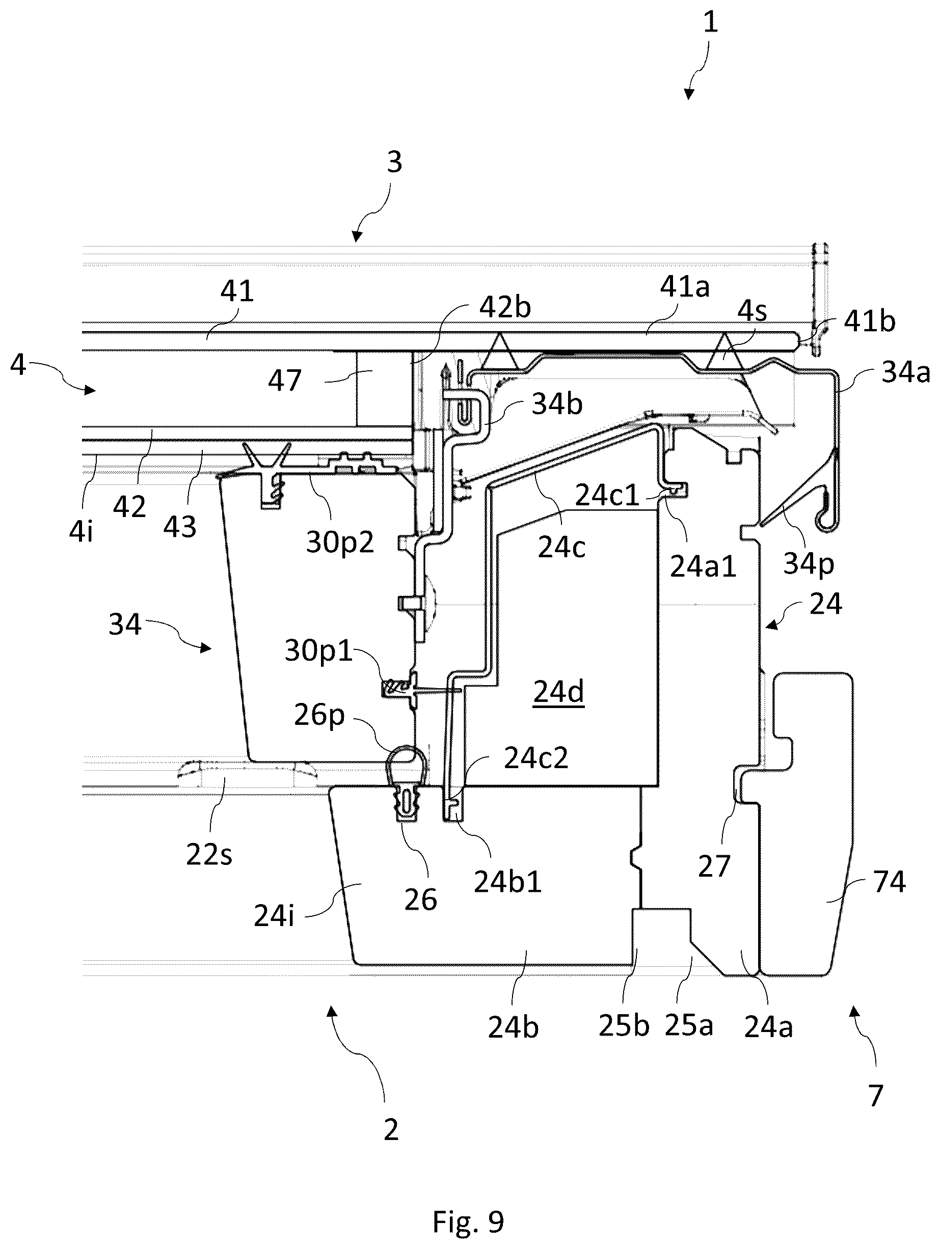 Patent US12378769 Figure 9 – Roof window comprising a frame with receiving structures