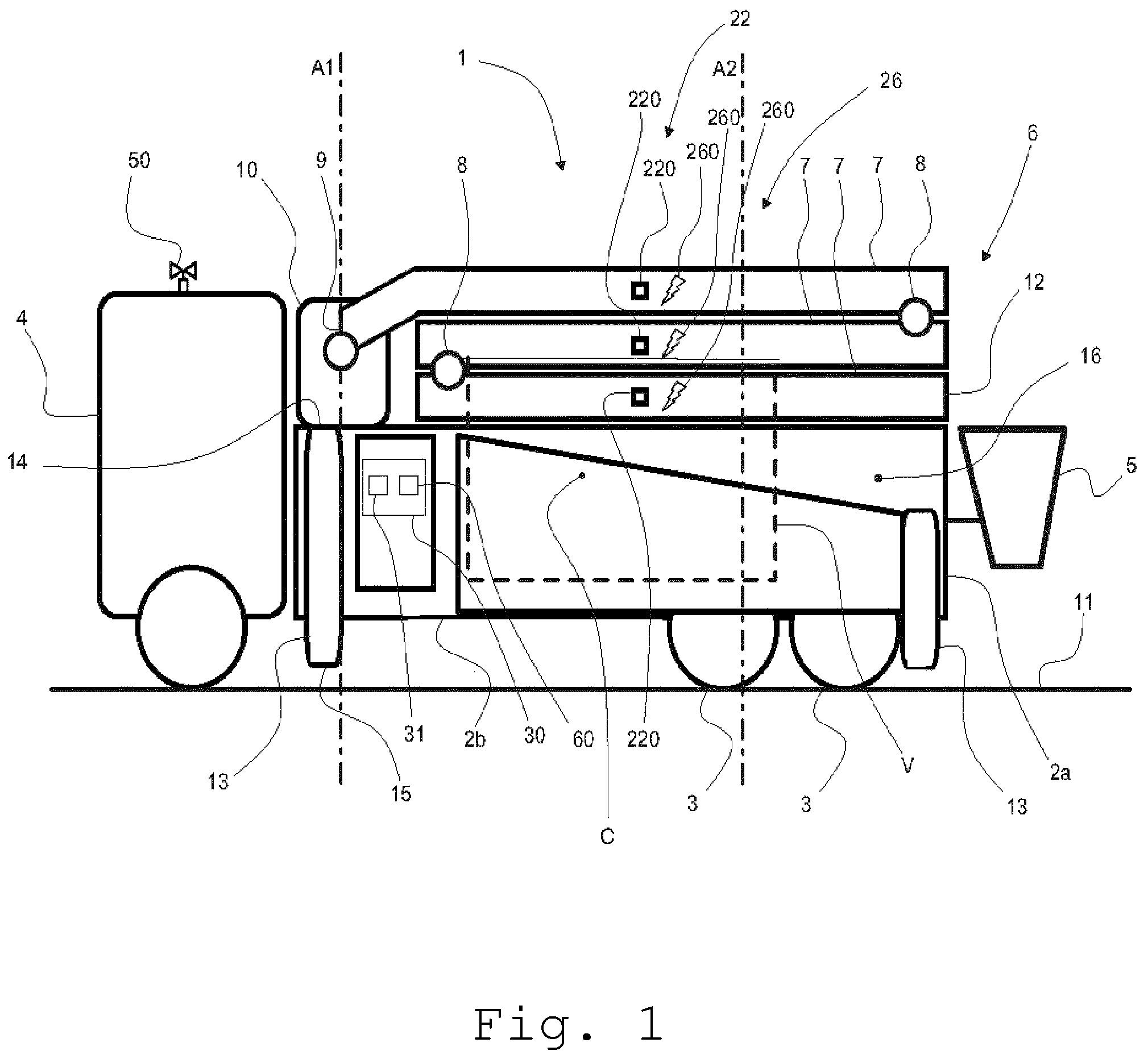 Patent US12378785 Figure 1 – Concrete pump equipped with hazard detection means
