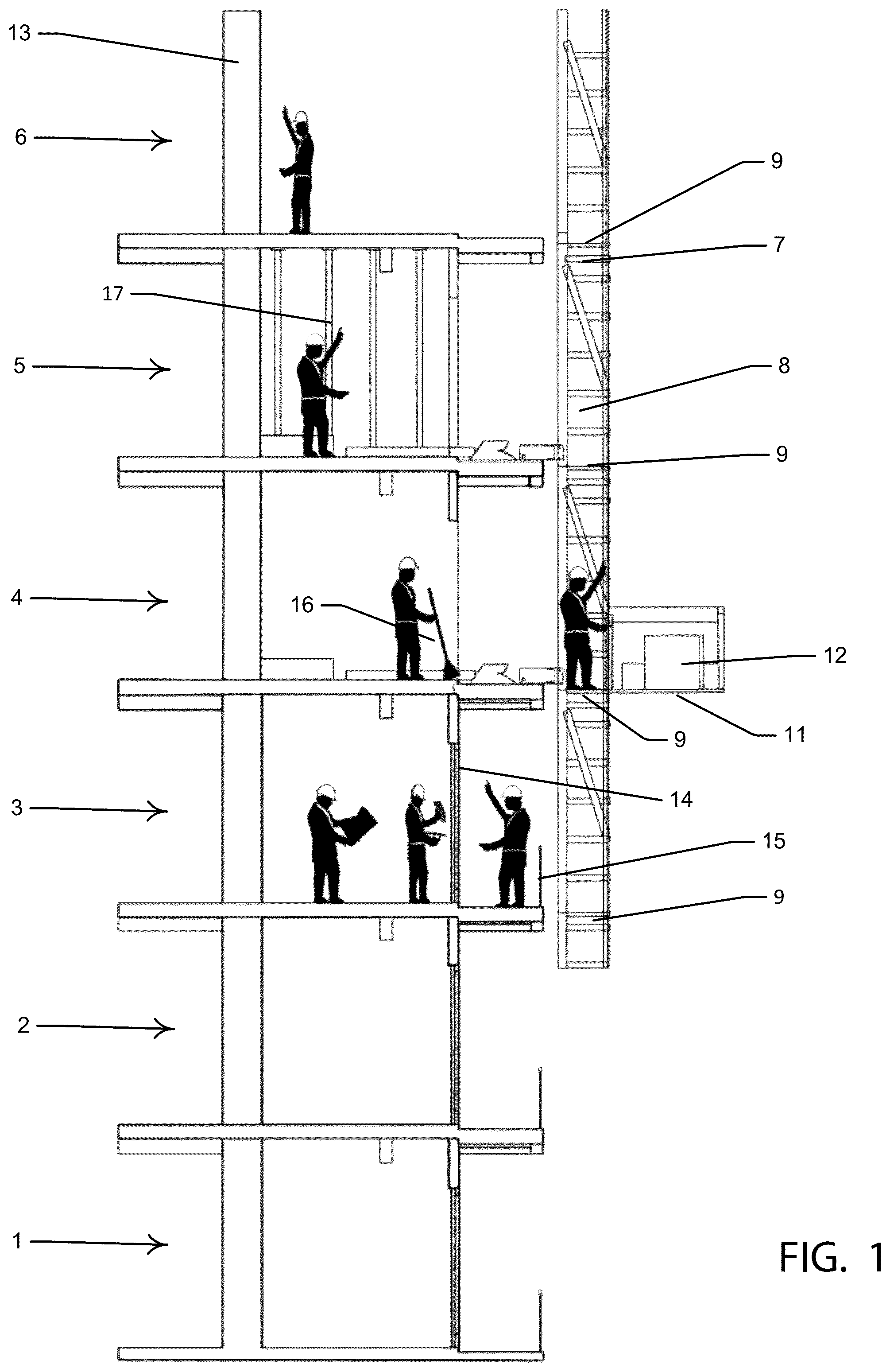 Patent US12378787 — Integrated structural and architectural facade level-by-level construction system — Figure 1