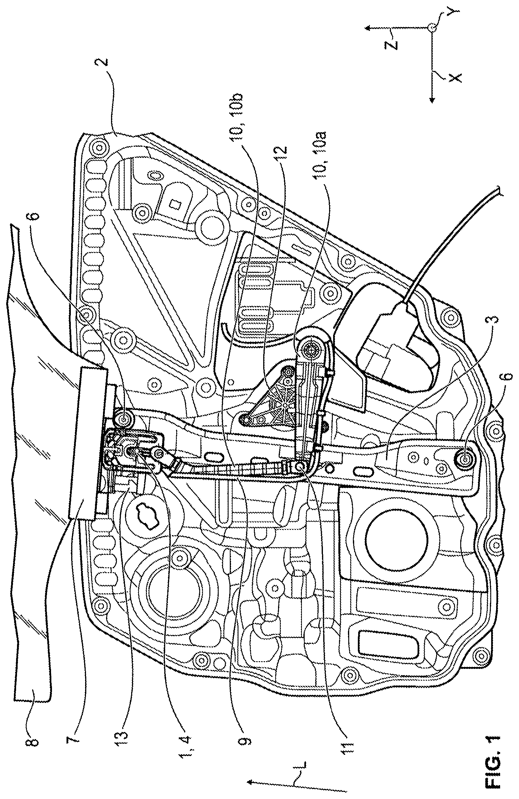 Patent US12378808 Figure 1 – Rail-slider assembly and window lifter of a motor vehicle having such an assembly