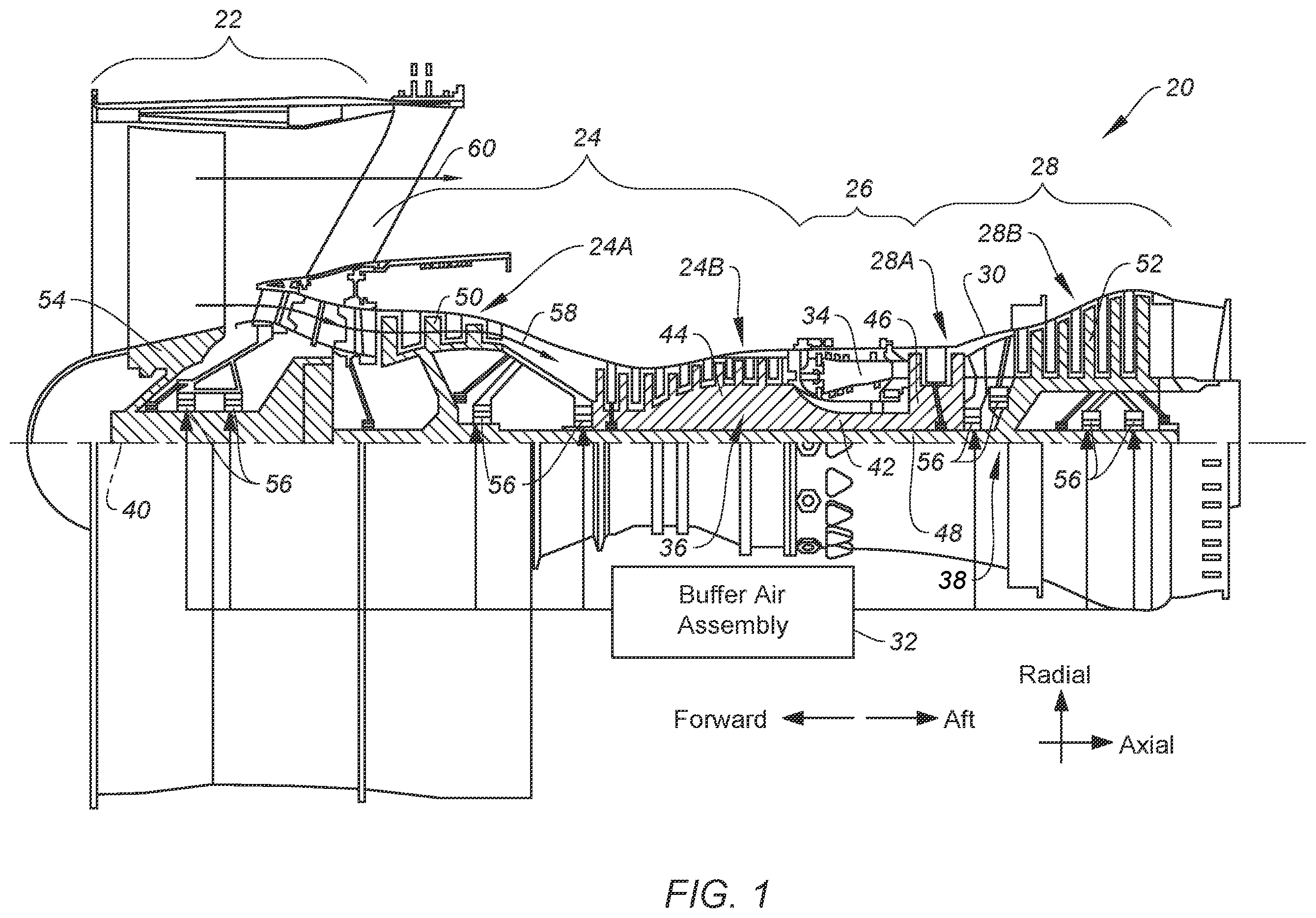 Patent US12378893 — Buffer air assembly for an aircraft engine — Figure 1