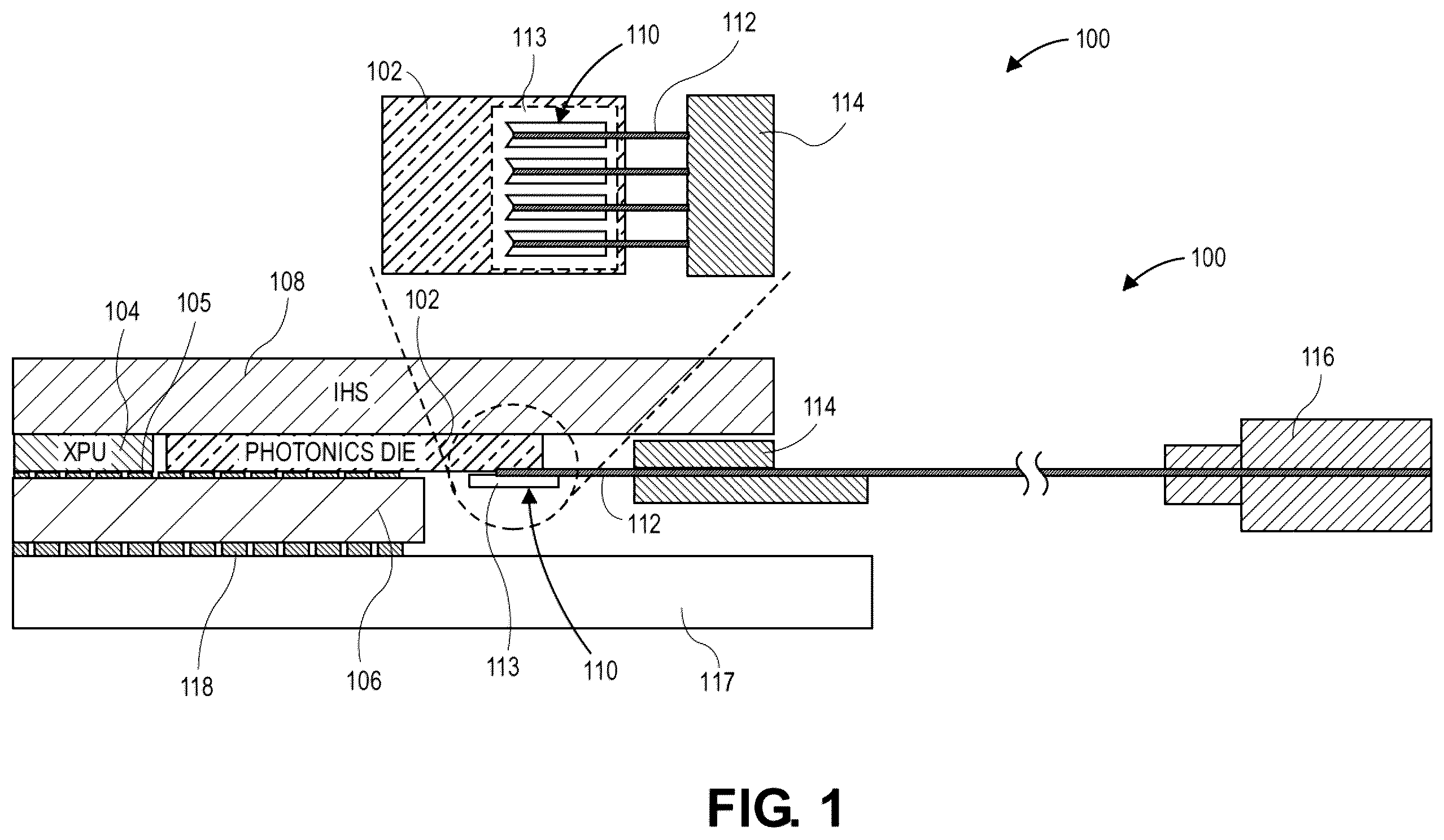 Patent US12386127 — Micro-lens array optically coupled with a photonics die — Figure 1