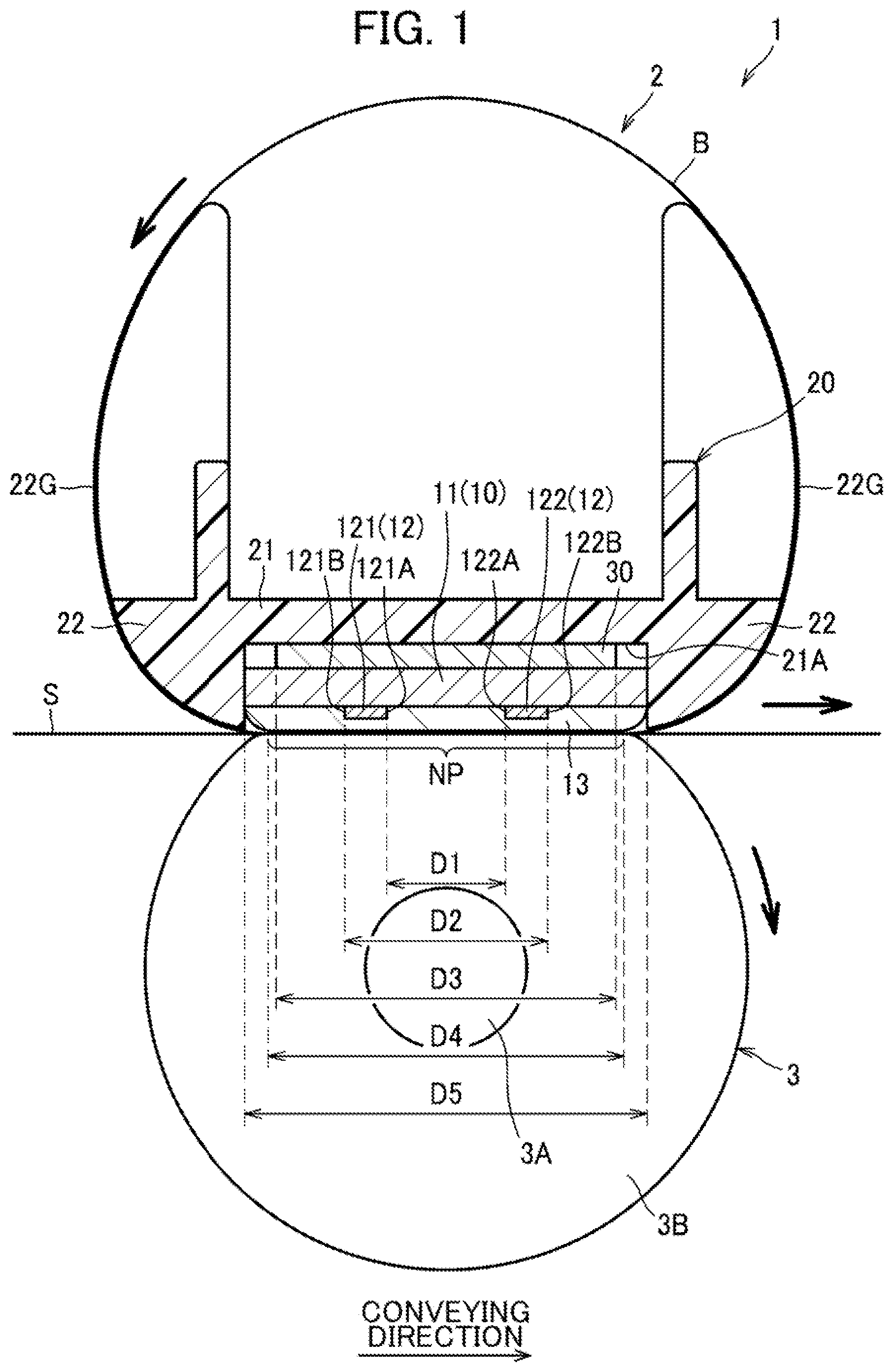 Patent US12386297 — Fixing device including heater in which first and second resistance heating elements are positioned apart from each other on first surface of substrate by predetermined distance in conveying direction — Figure 1