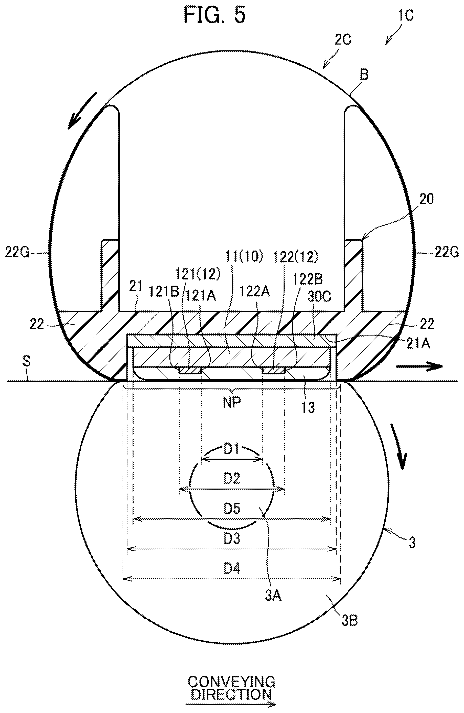 Patent US12386297 Figure 5 – Fixing device including heater in which first and second resistance heating elements are positioned apart from each other on first surface of substrate by predetermined distance in conveying direction