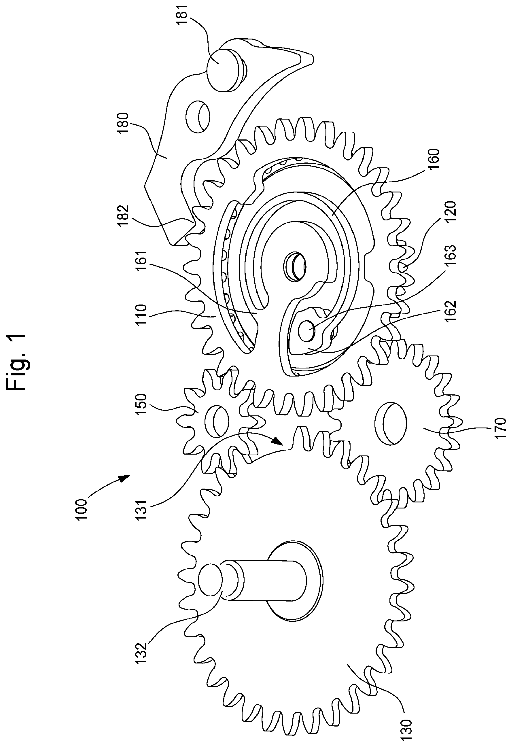 Patent US12386313 Figure 1 – Anterograde display mechanism for timepiece