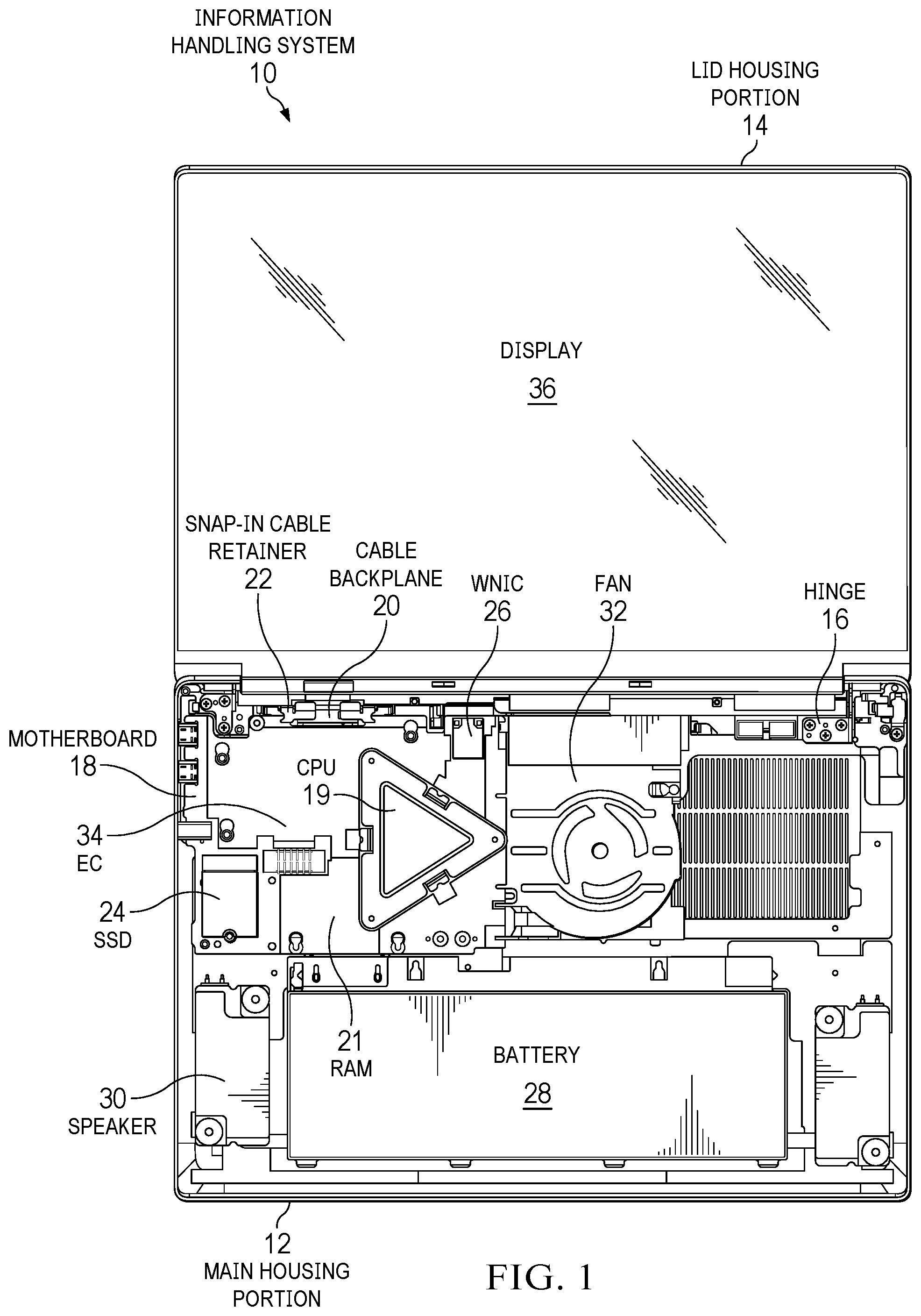 Patent US12386400 — Information handling system cable backplane with snap in cable retention — Figure 1