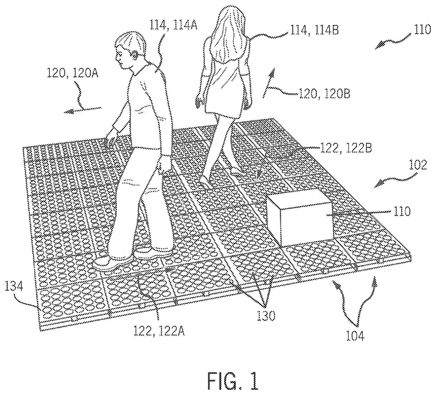Patent US12386413 — Modular omnidirectional actuated floors providing an interactive user experience — Figure 1