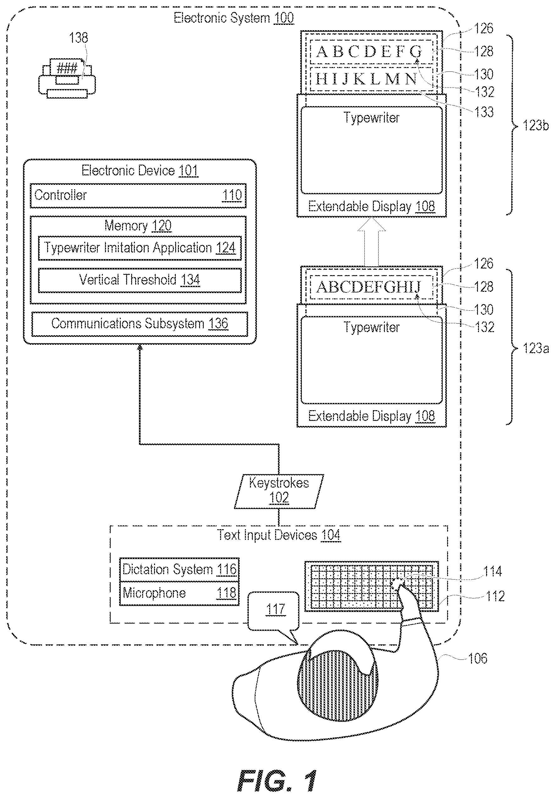 Patent US12386432 — Electronic system with a rollable display and a keyboard that are utilized to imitate a typewriter — Figure 1