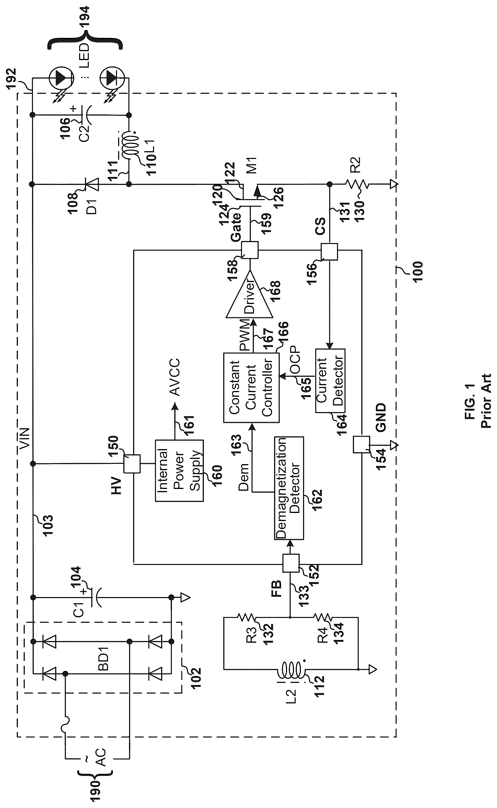 Patent US12395061 Figure 1 – Controllers configured to detect demagnetization with external bipolar transistors and internal MOS transistors and methods thereof