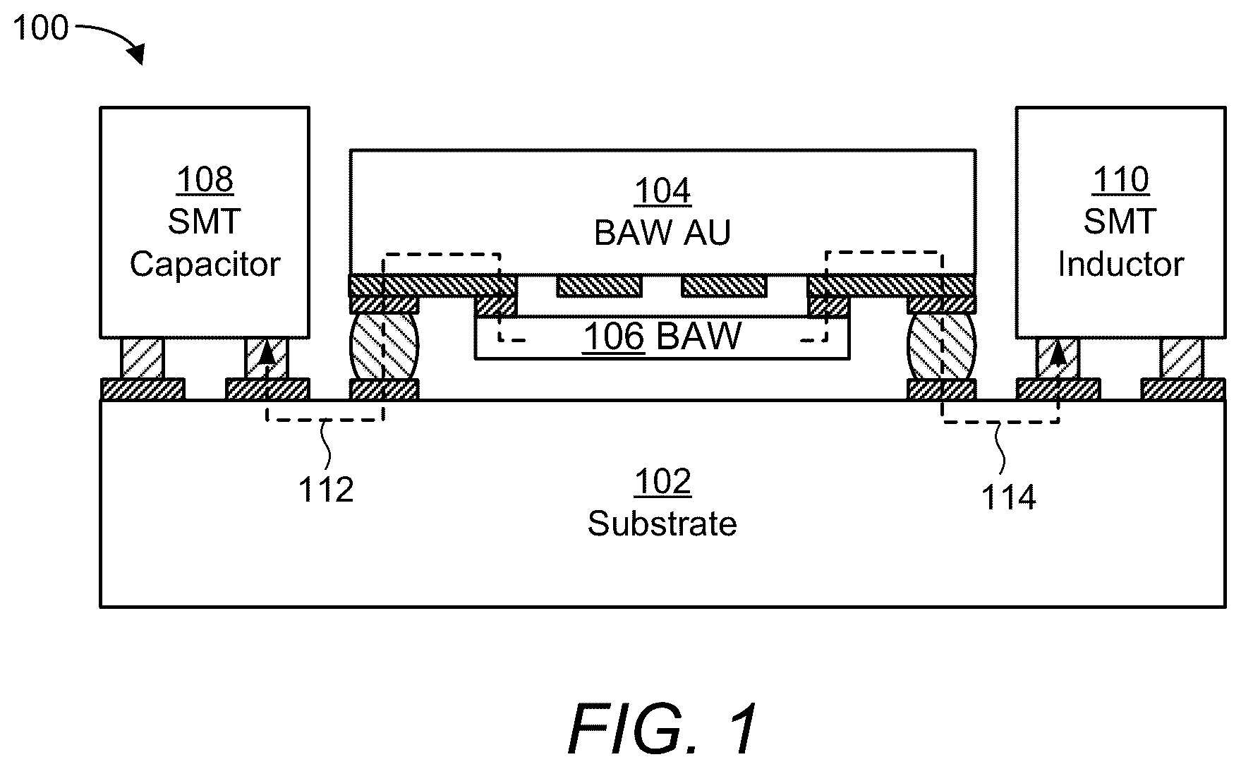 Patent US12395152 Figure 1 – Compact hybrid acoustic wave filter structure