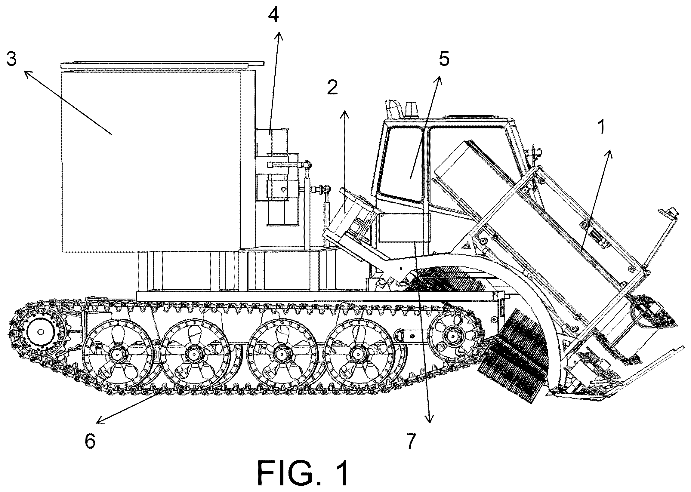 Patent US12396396 Figure 1 – Upstanding clamping longitudinal conveyor system for whole-stem reed harvesting, method, and harvester