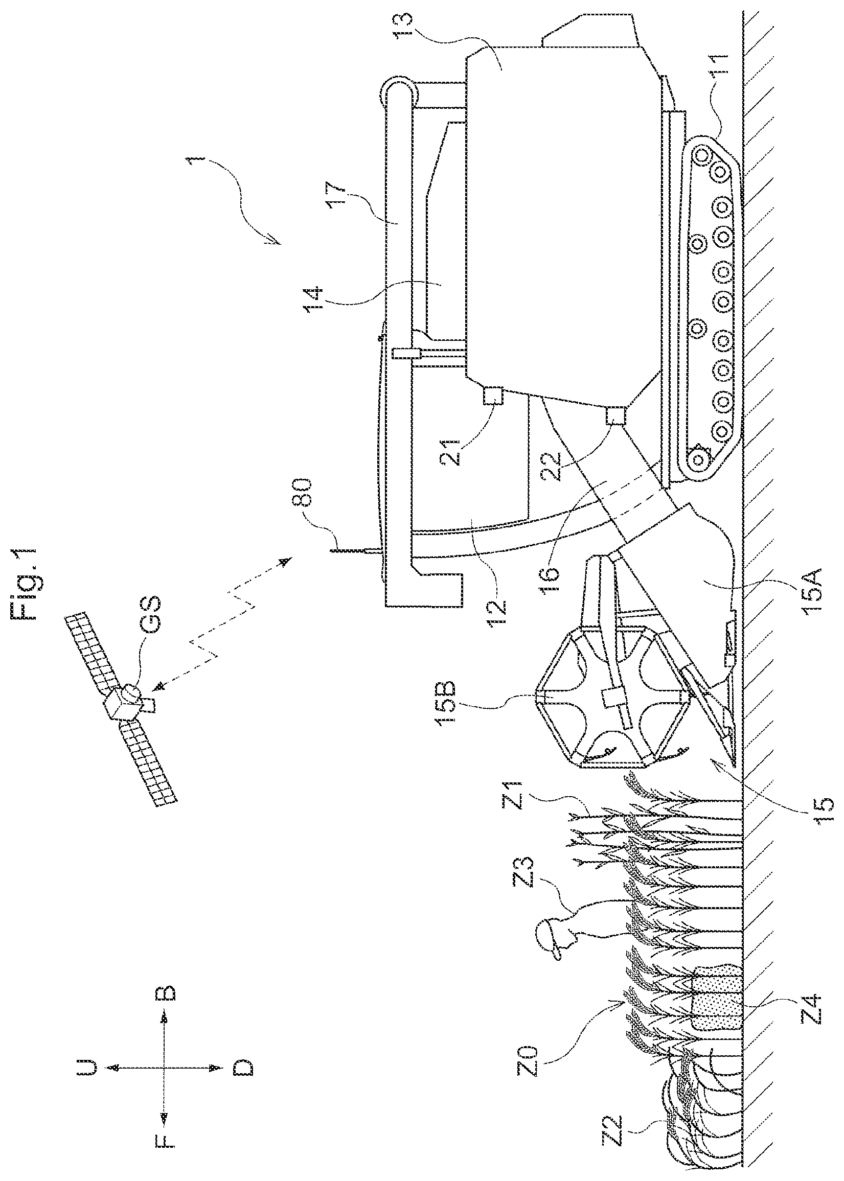 Patent US12396401 — Harvesting machine, obstacle determination program, recording medium on which obstacle determination program is recorded, obstacle determination method, agricultural work machine, control program, recording medium on which control program is recorded, and control method — Figure 1