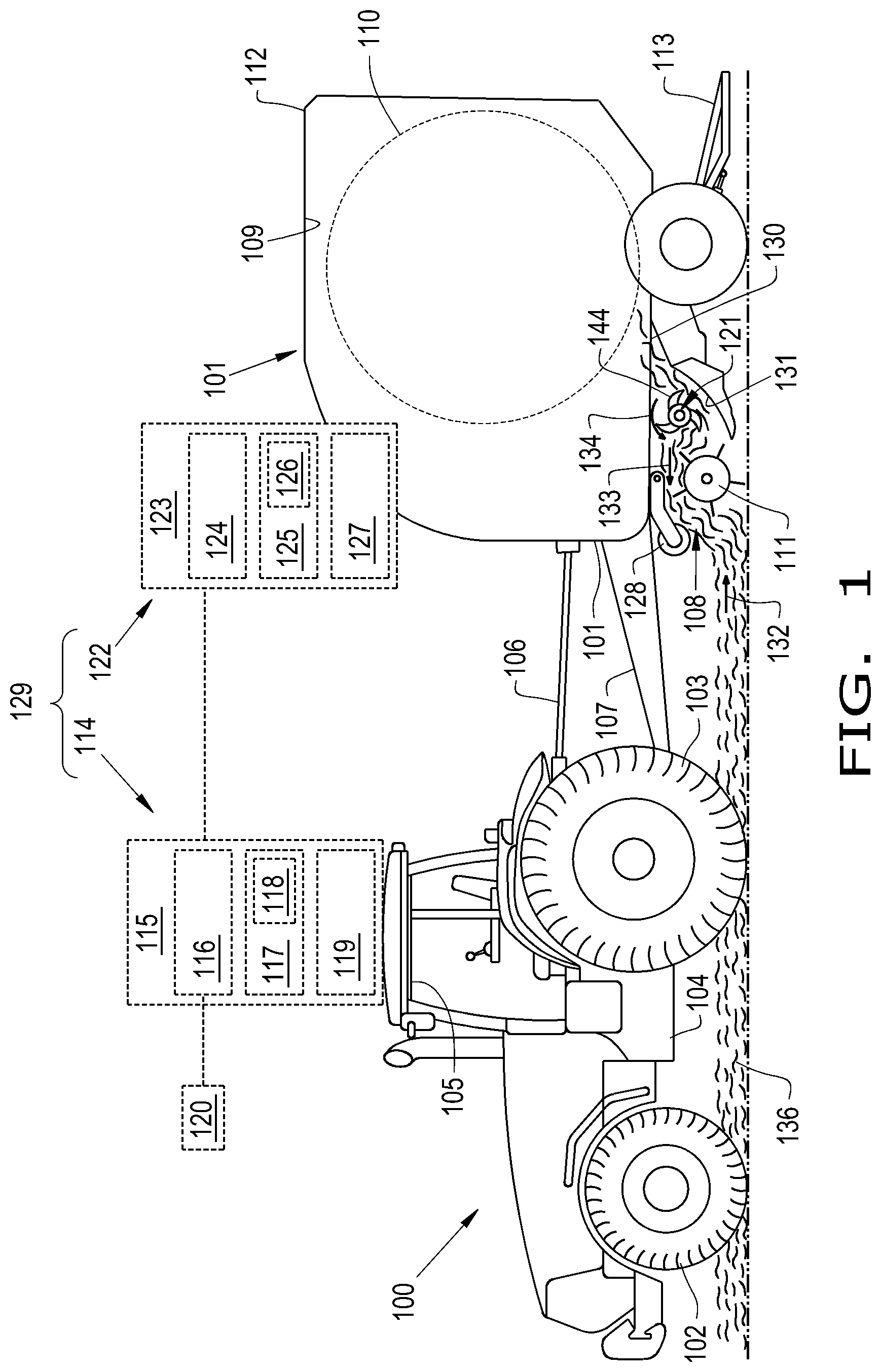 Patent US12396402 — Repositionable windguard assembly for agricultural baler feeder system — Figure 1