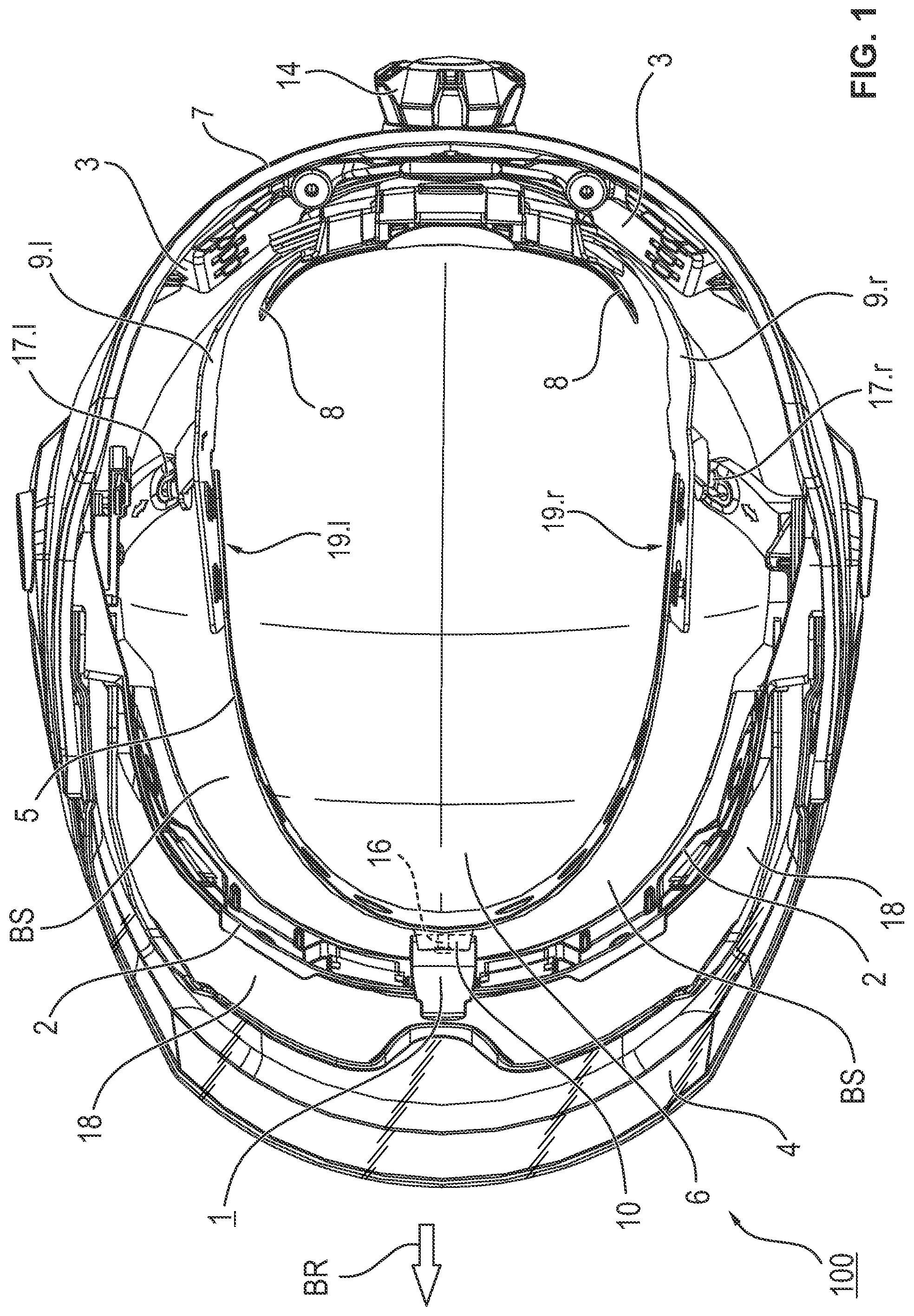 Patent US12396509 — Safety helmet with an intermediate piece for changing the center of gravity and arrangements with such a safety helmet and two alternative intermediate pieces — Figure 1