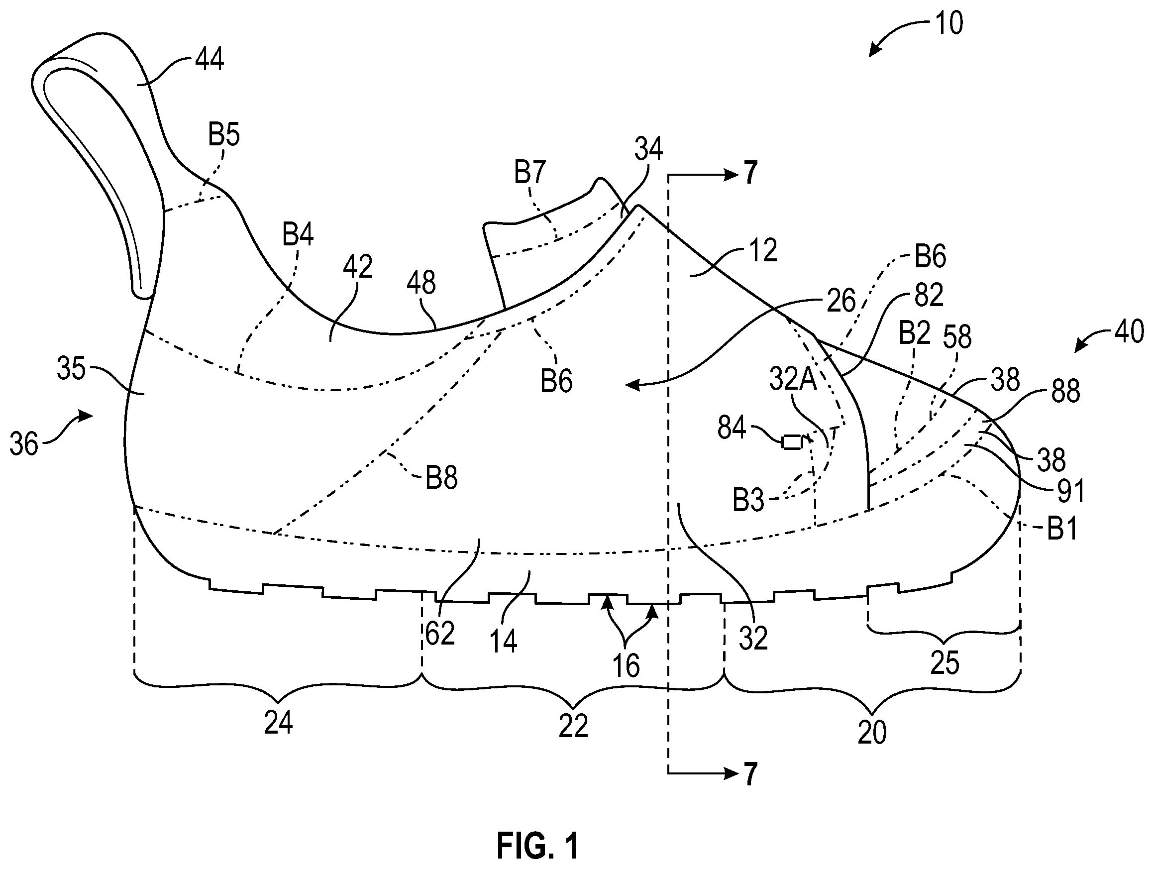 Patent US12396513 — Article of footwear with integrally-knitted upper and sole including grip yarn and method of manufacturing — Figure 1