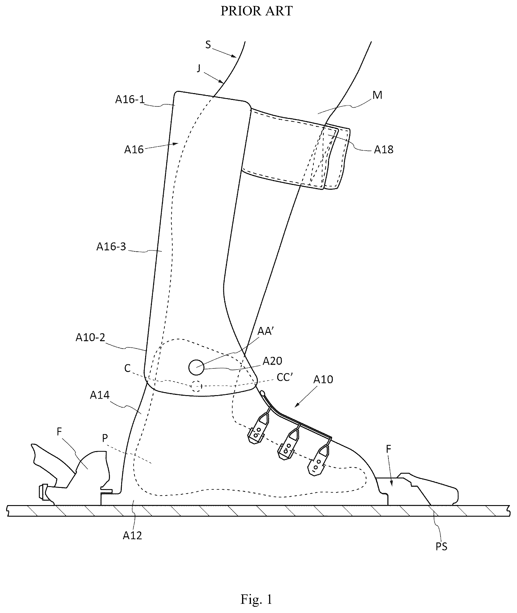 Patent US12396514 — Device for connecting the lower leg of a skier to a ski binding, and footwear assembly incorporating said device — Figure 1