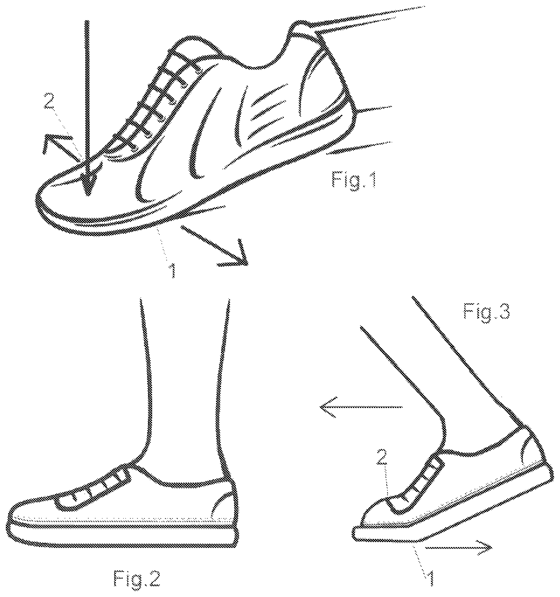 Patent US12396516 Figure 1 – Modular system for composing footwear assembled by combining at least two interchangeable modules connected in a removable way by connecting means