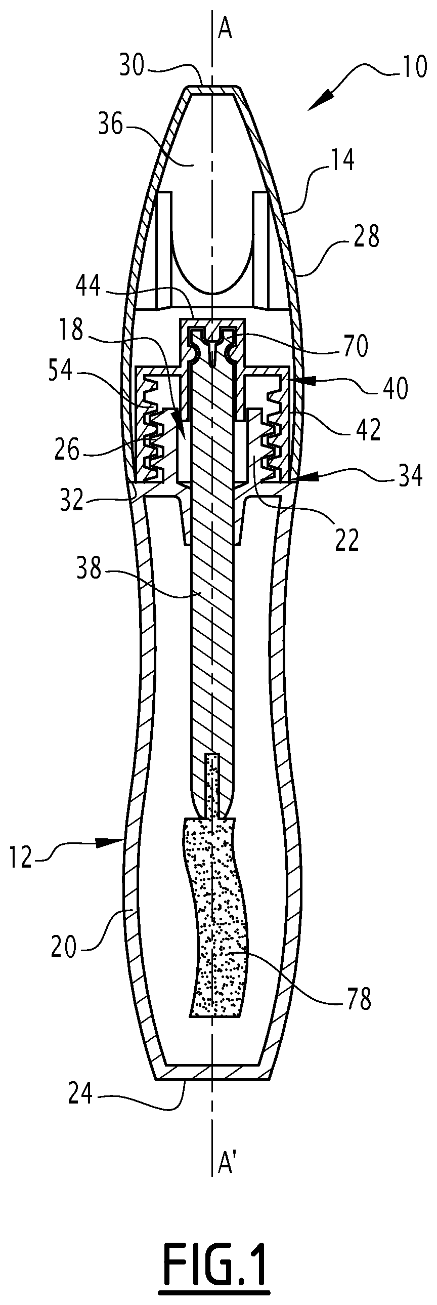 Patent US12396543 Figure 1 – Cosmetic product applicator, cosmetic product packaging assembly and associated manufacturing processes