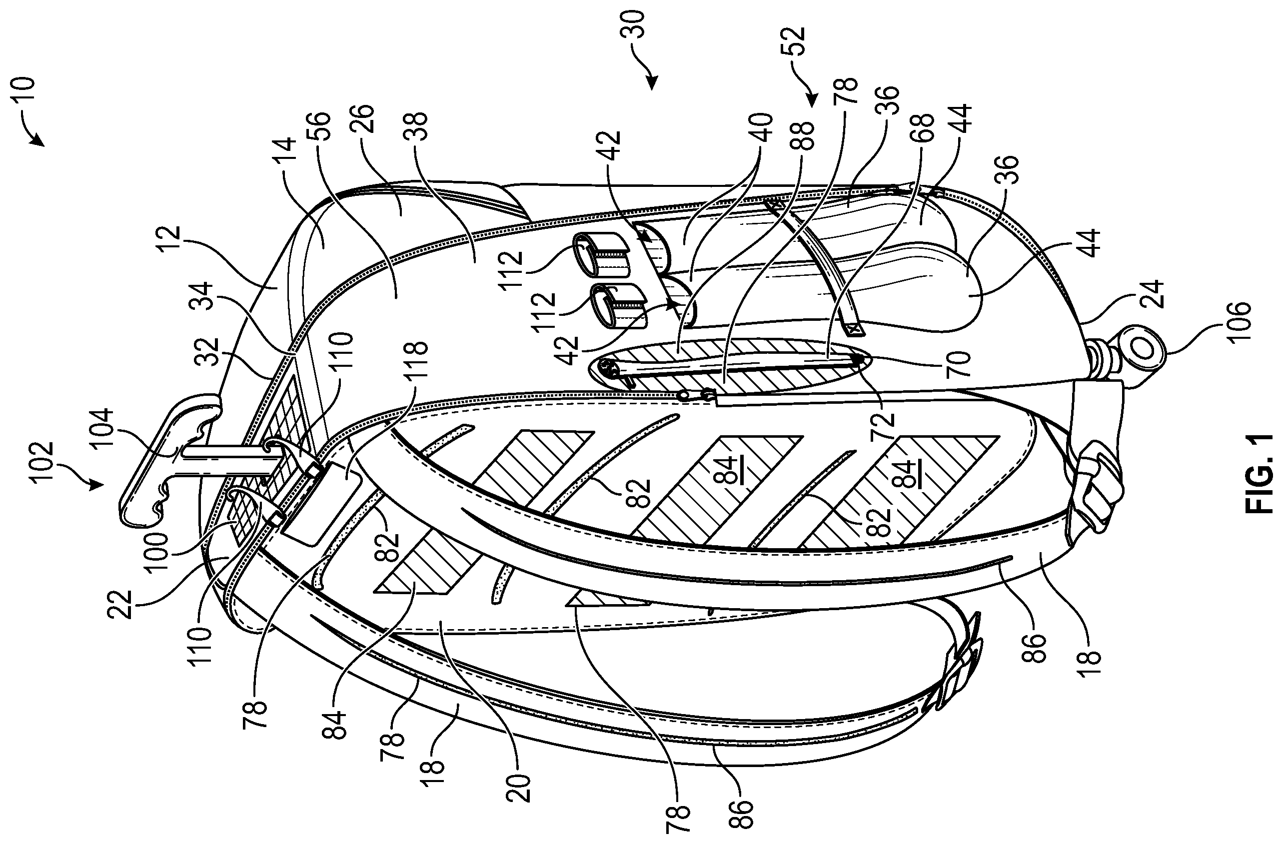 Patent US12396546 — Backpack with heating and cooling elements — Figure 1