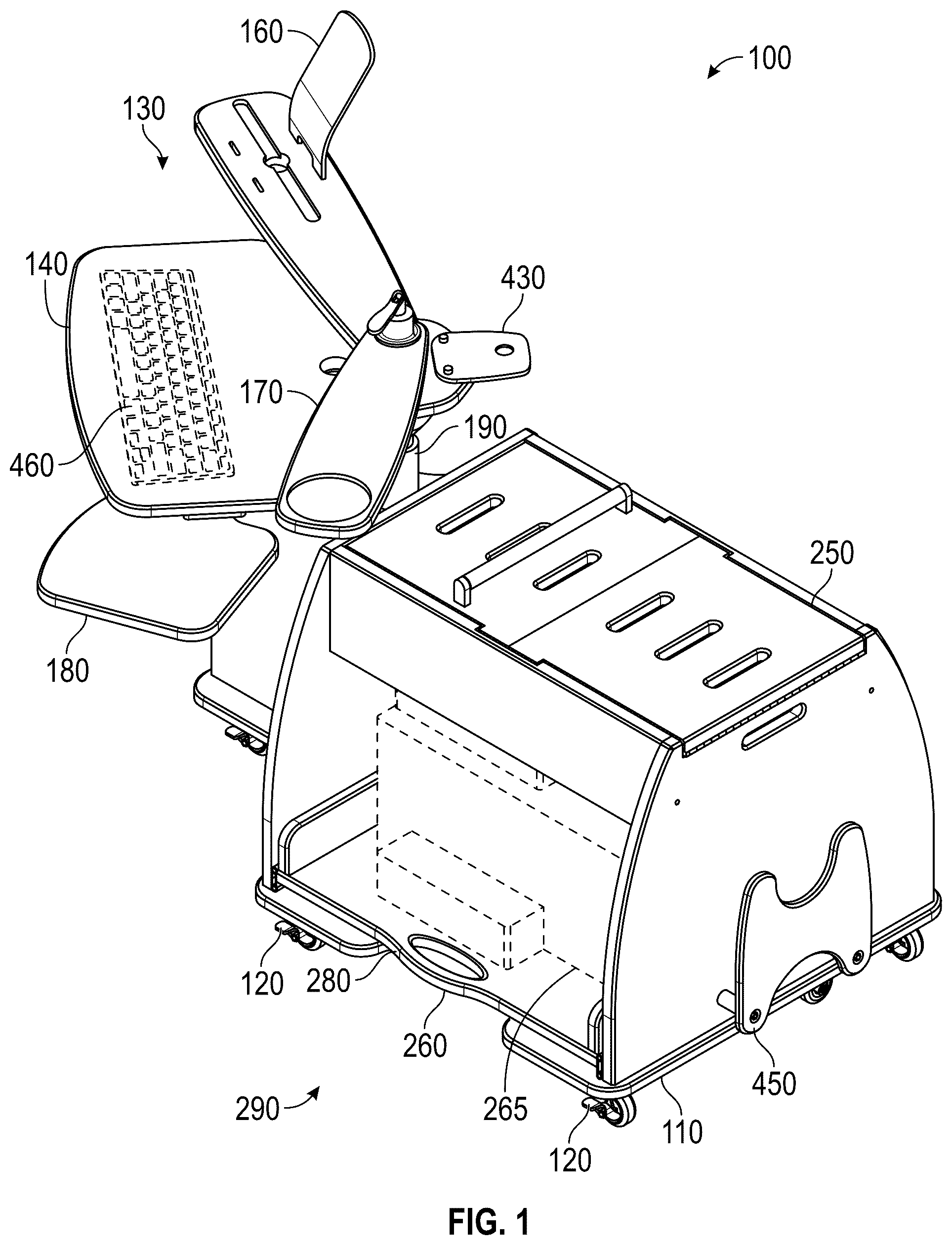Patent US12396552 Figure 1 – Modular transforming trolley with adjustable axle mechanism for office use