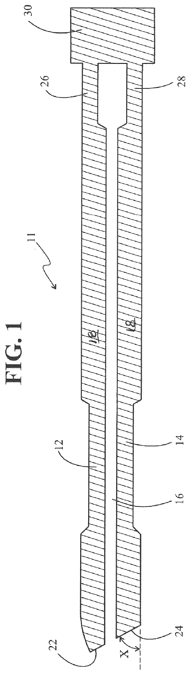 Patent US12396782 Figure 1 – Ultrapolar electrosurgery blade and ultrapolar electrosurgery blade assembly and method for making same