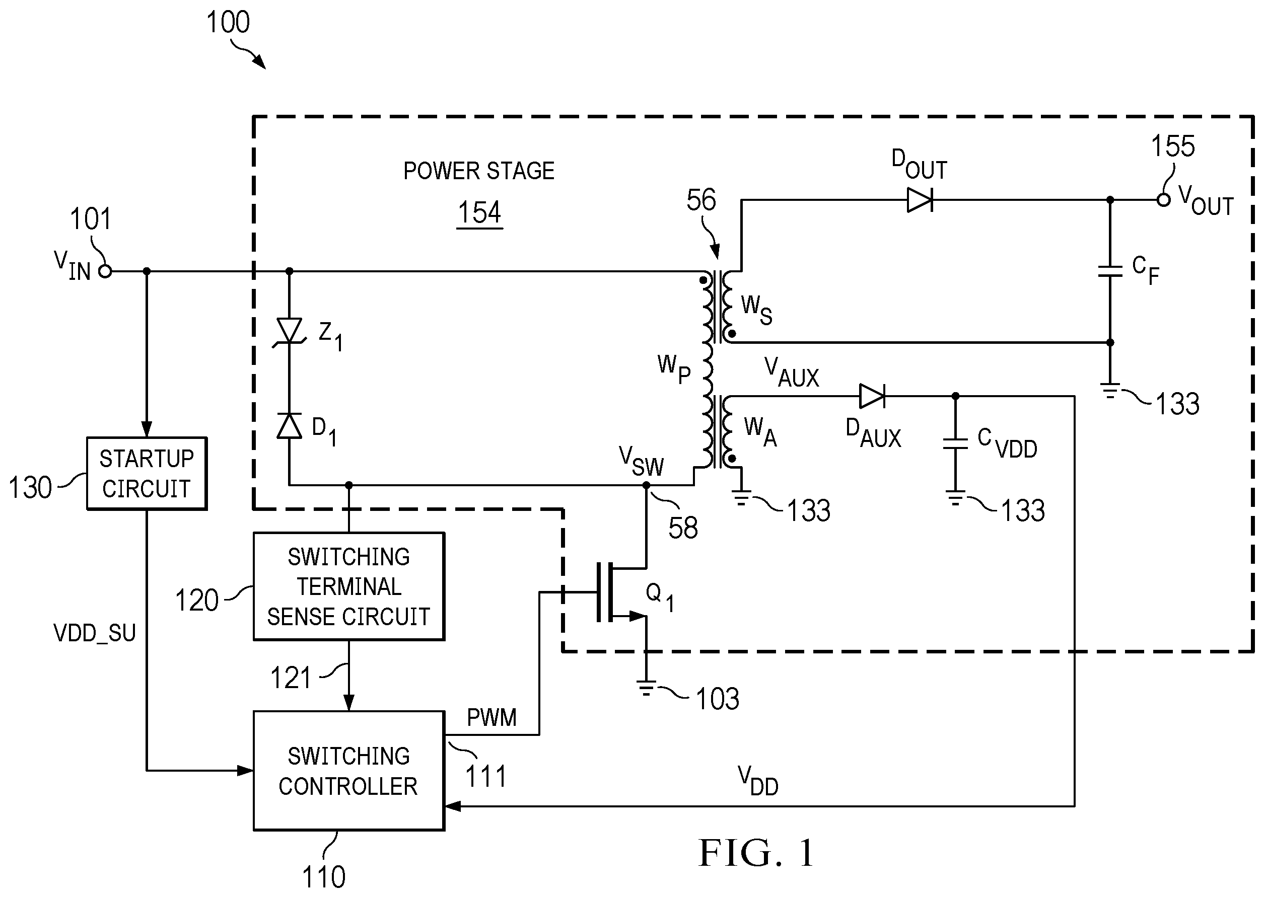 Patent US12401286 Figure 1 – Startup circuit for a flyback converter