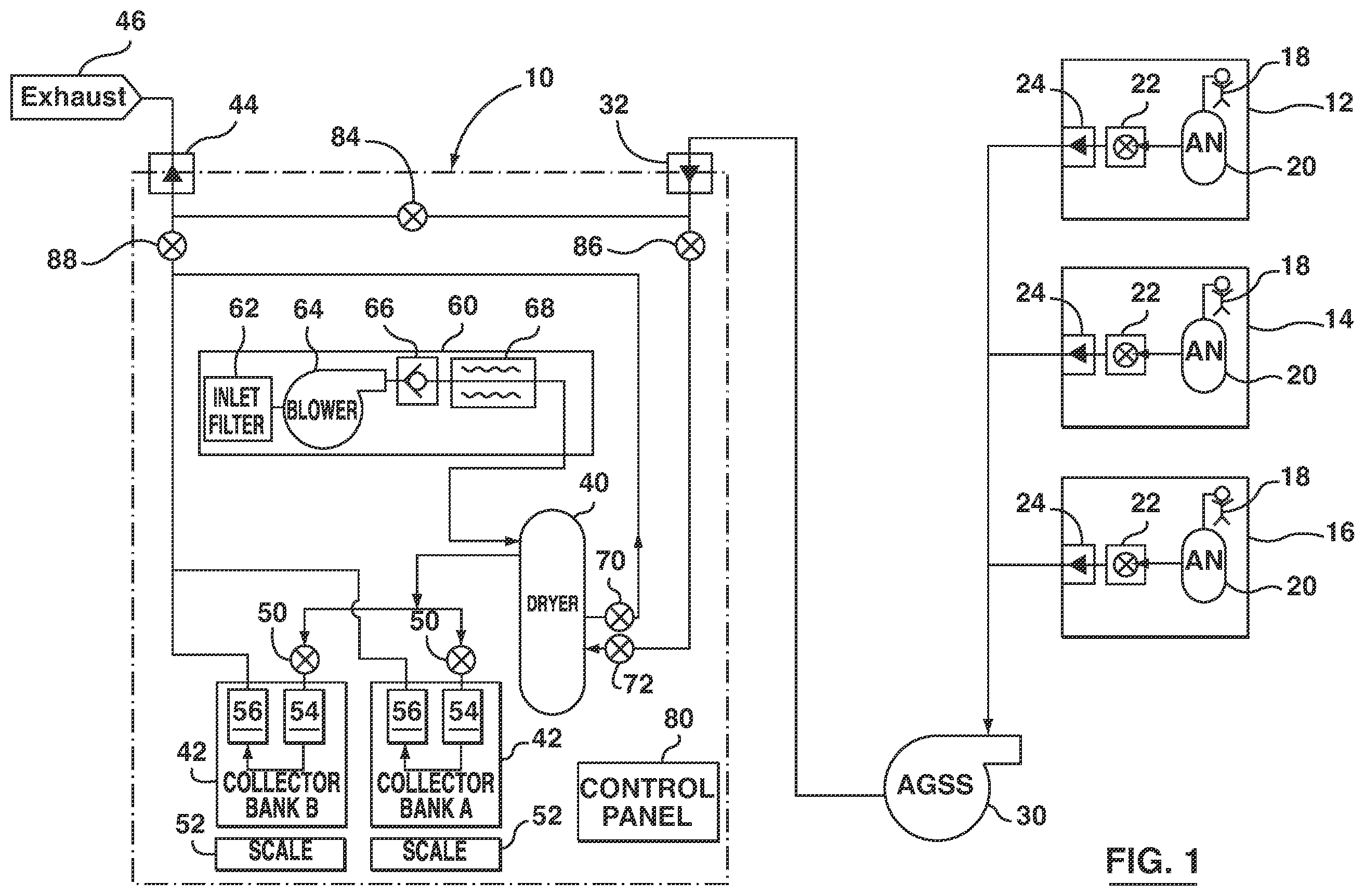 Patent US12403280 — Apparatus, systems and method for collecting and reclaiming anaesthetic agents and for removing nitrous oxide from exhaust gases — Figure 1