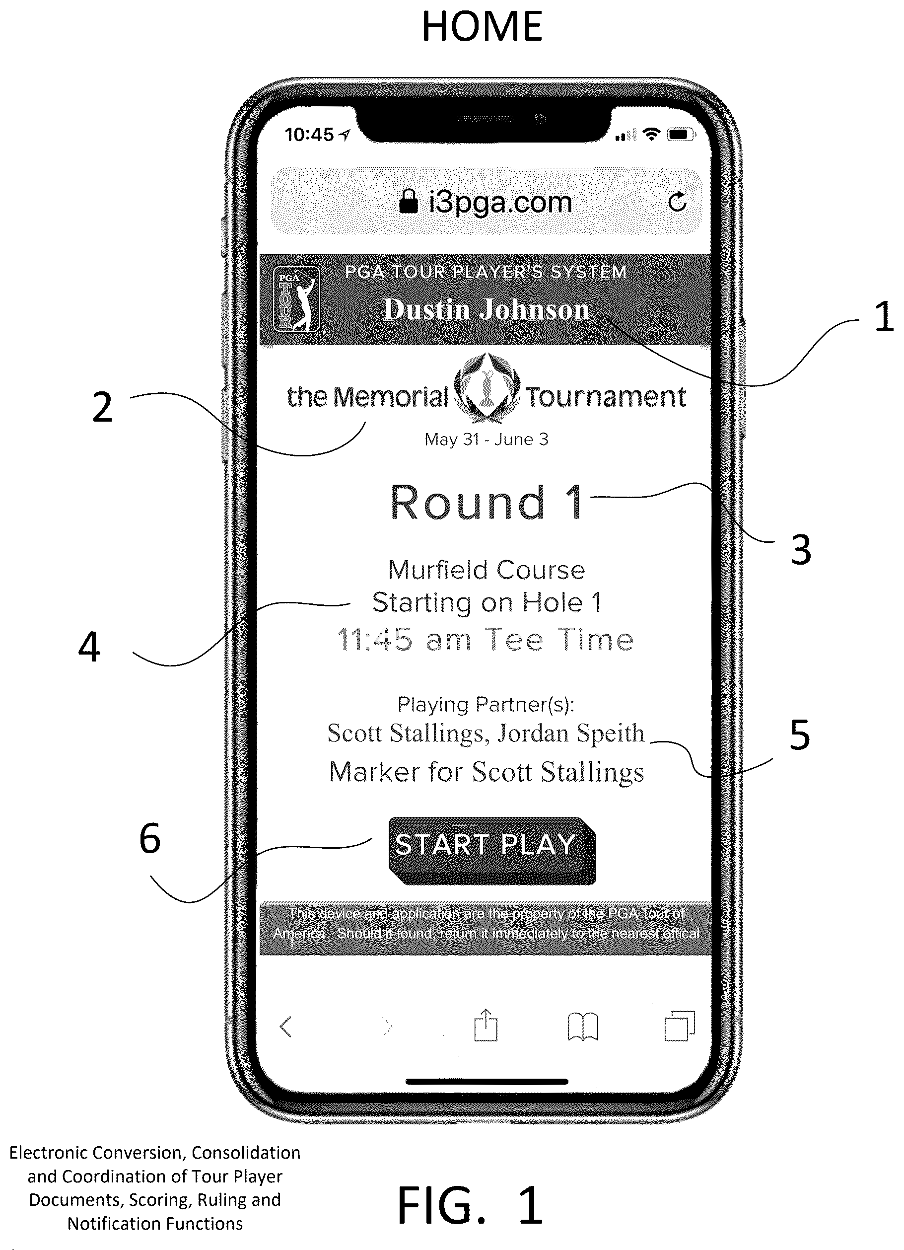 Patent US12403379 — Electronic conversion, consolidation and coordination of tour player documents, scoring, ruling and notification functions — Figure 1
