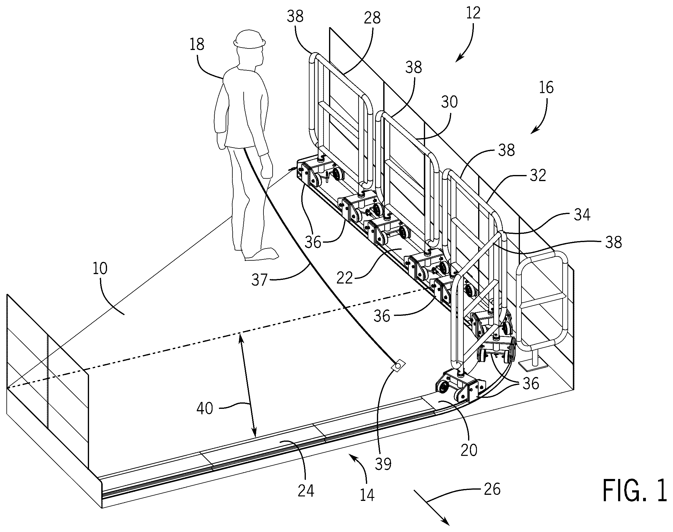 Patent US12403406 — Multi-segment movable railing assembly — Figure 1